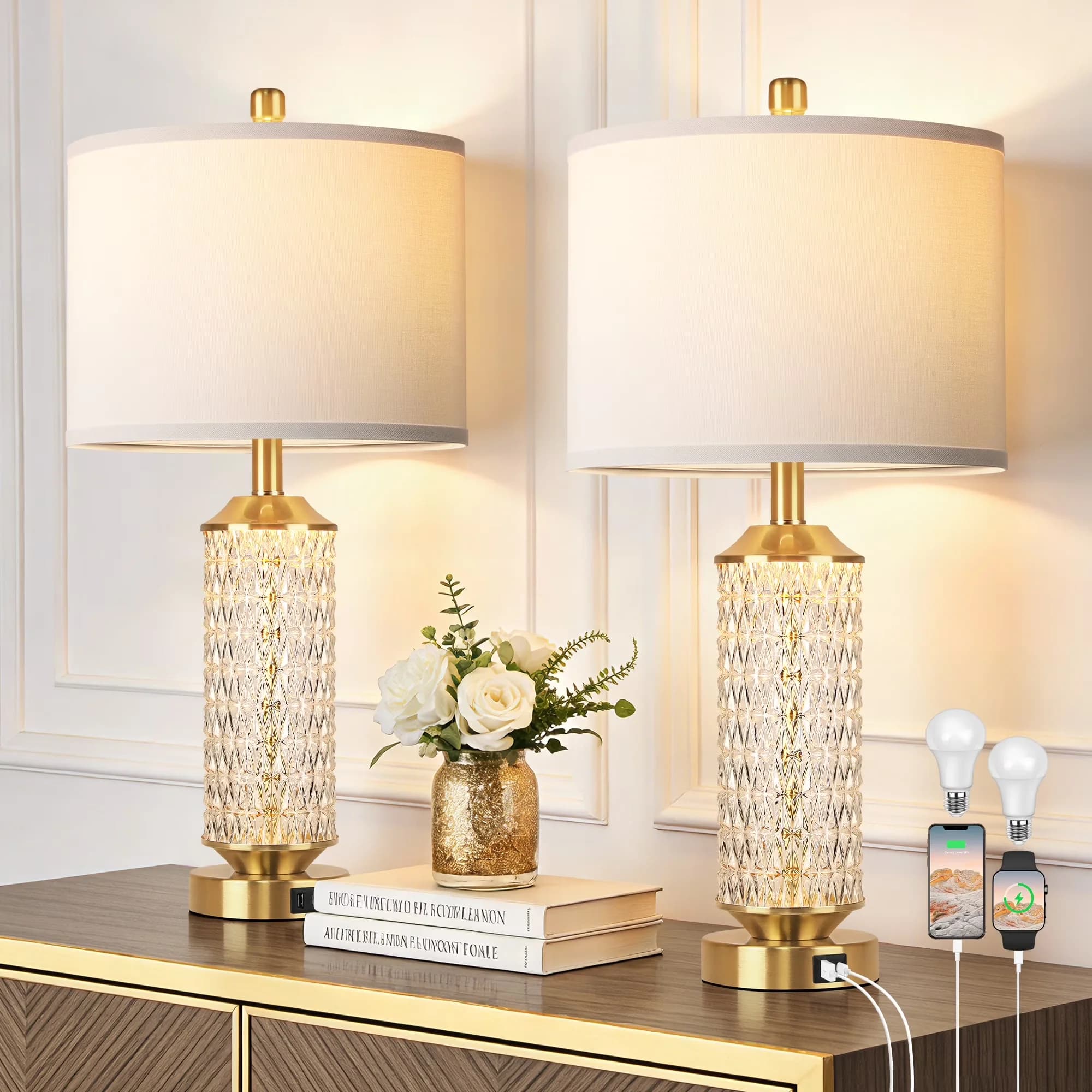 Quality Lamp with LED, Usb Port, Modern - Gold Glass - Compact and Portable Model 5536E4