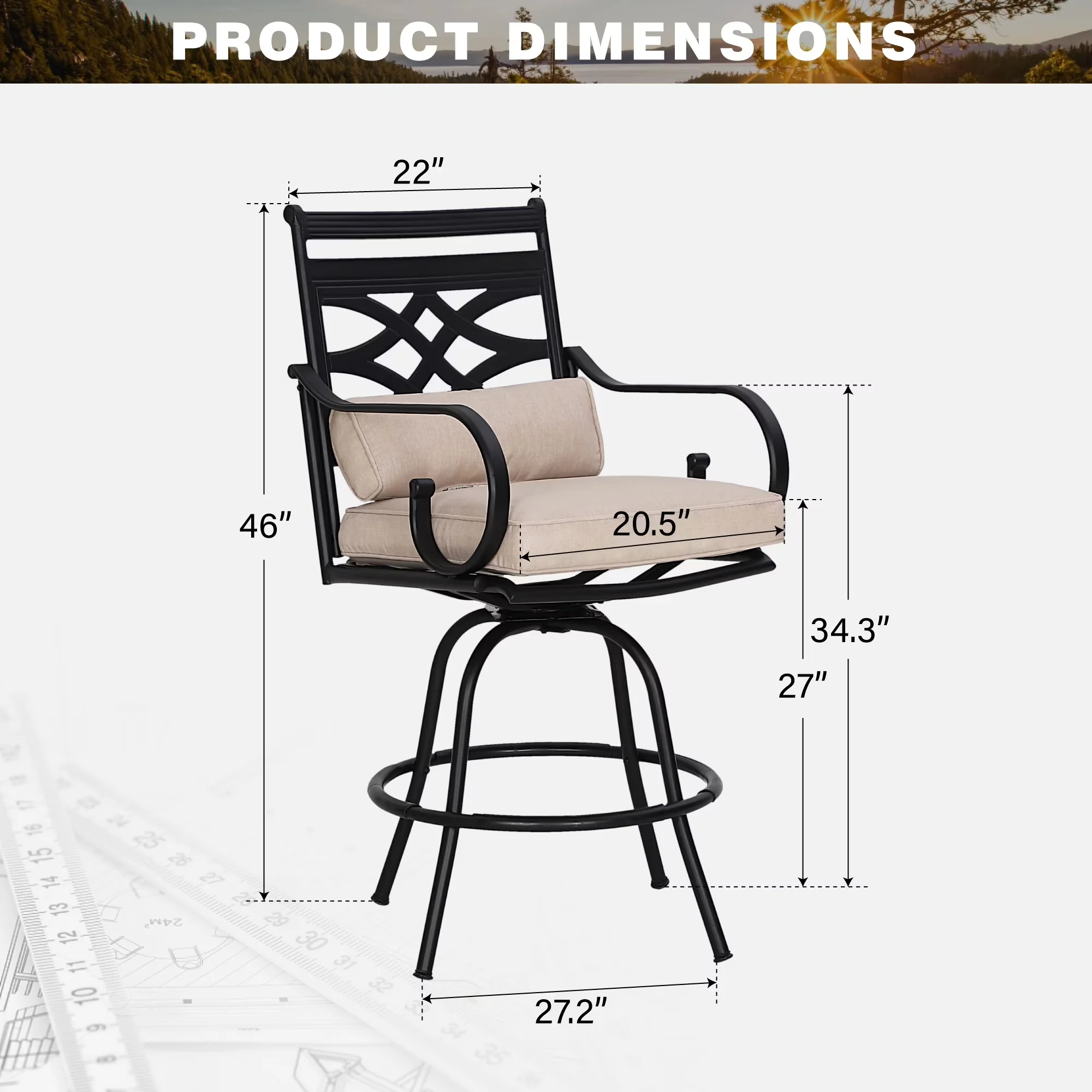 Sleek Patio Chair with Weather-Resistant, Metal Frame Counter Height Chairs, Black & Beige - Silver Metal Model 9EA2C5