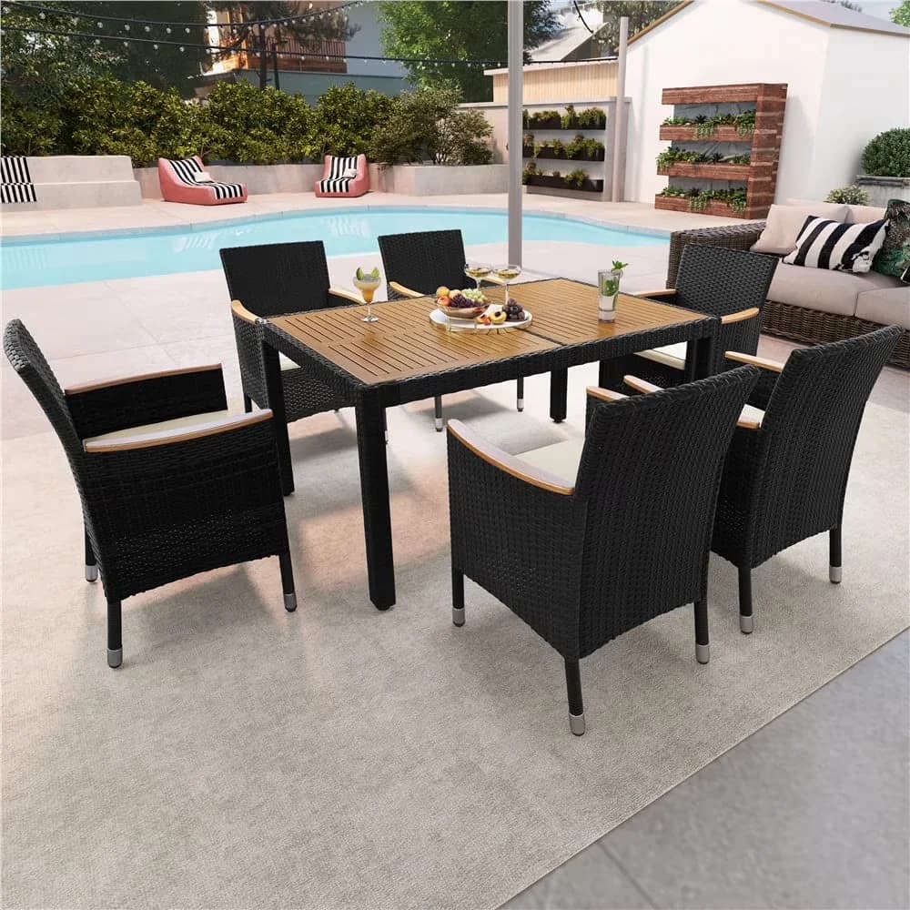Modern Patio Dining Set with Weatherproof, Assembled Dimensions:, Seat Width: 18.3" - Black Pe Rattan, Powder-Coated Steel,... Model 456AF3