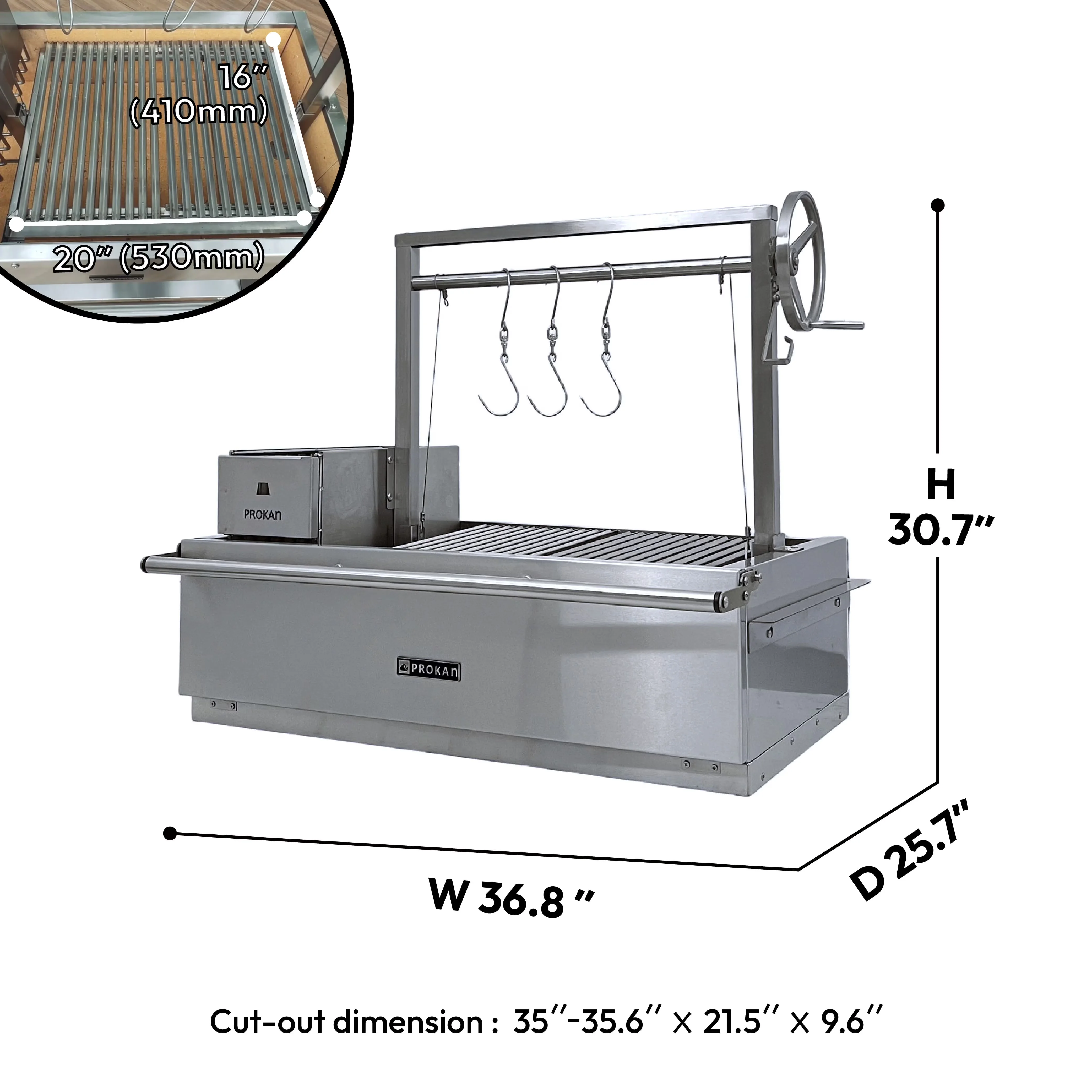 Classic Flat Top Grill with Tool Holder, Rust Resistant, Adjustable Charcoal Tray - Stainless Steel Silver Model 61D08F
