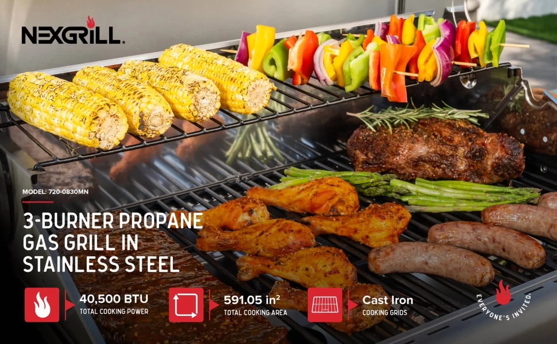 Compact Gas Grill with Foldable Legs, 3-Burner Stainless Steel Propane, Side Tables - Stainless Steel Silver Model 8D114F