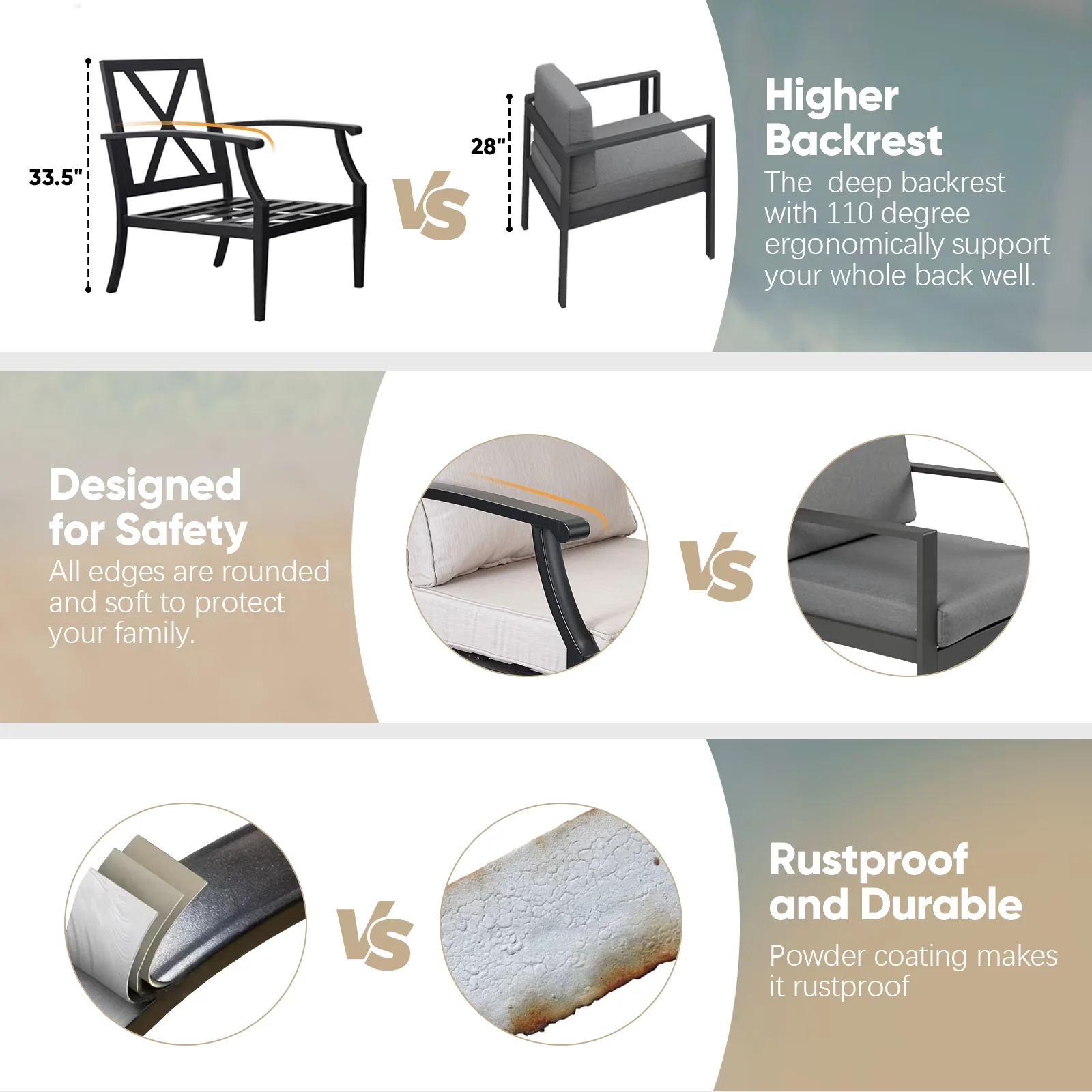 Essential Patio Conversation Set with Reclining, Coffe Table, Outdoor Metal Sofa - Model 8F113E