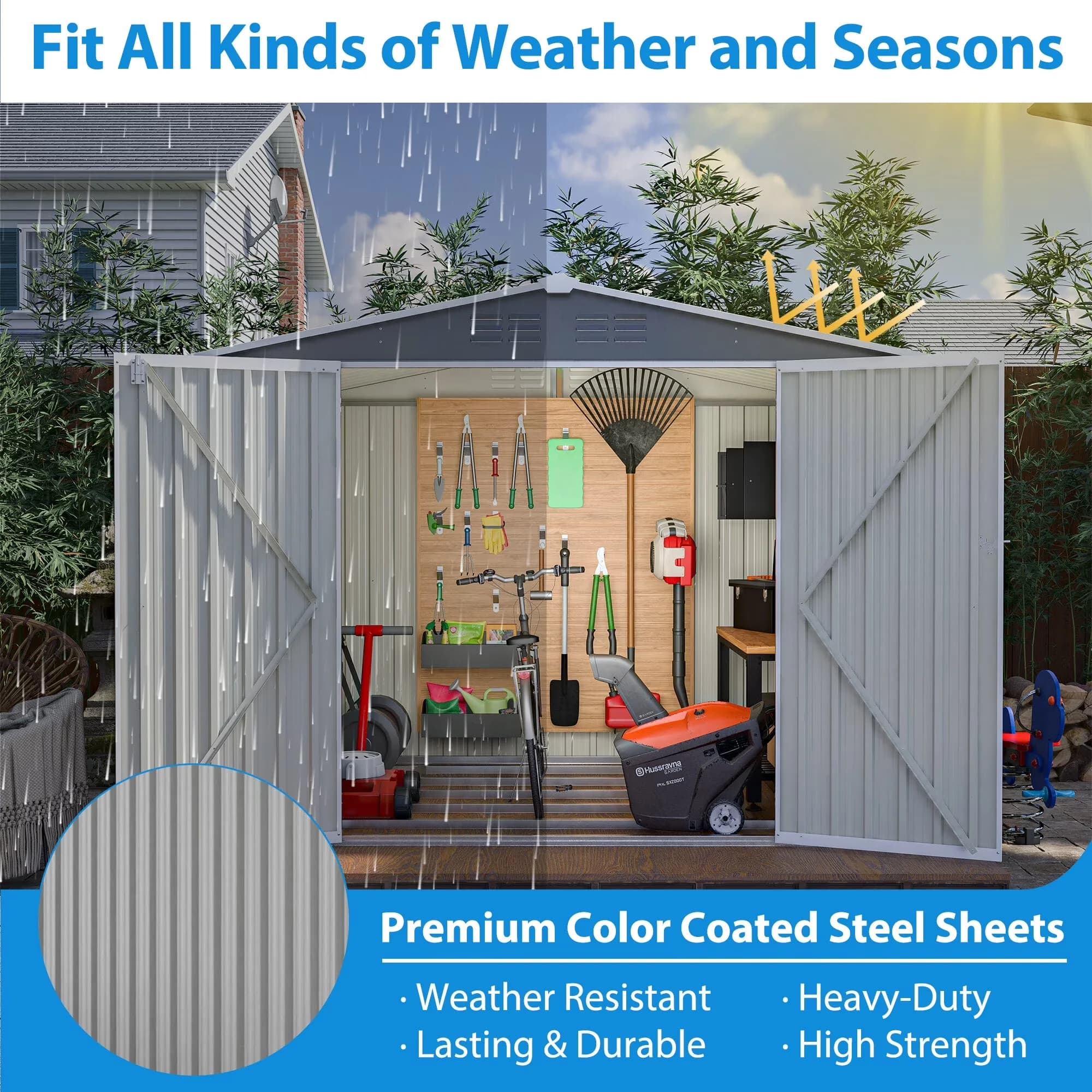 Stylish Shed with Lockable Door, Waterproof, Metal Foundation - Gray#9 Metal Model 14553F