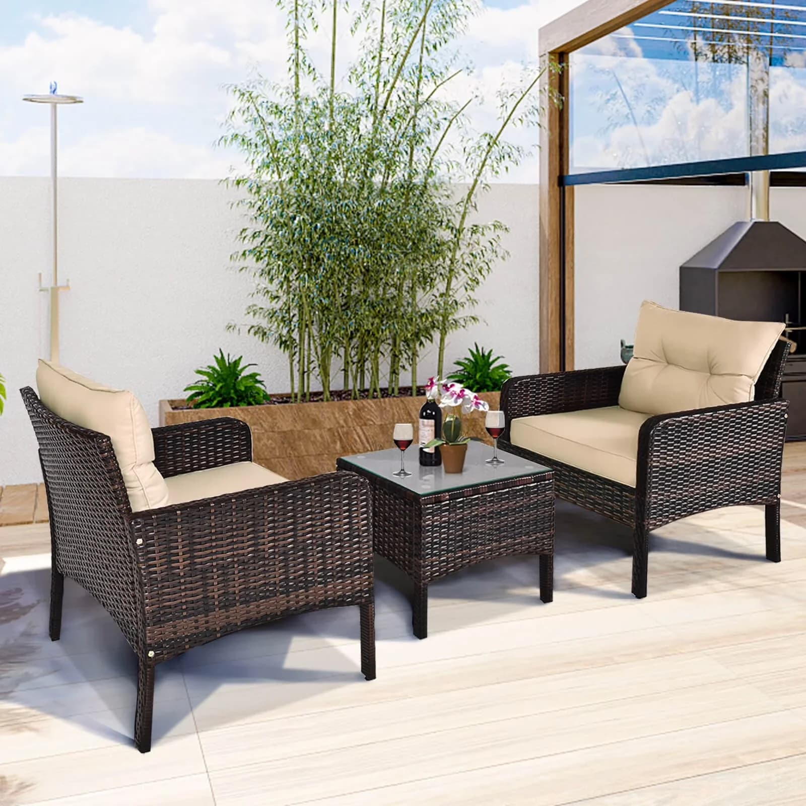 Reliable Patio Conversation Set with 3 PCS PE Wicker Furniture - Brown Pe Rattan, Metal, Tempered Glass, Polyester, Sponge Model 8A2C1F