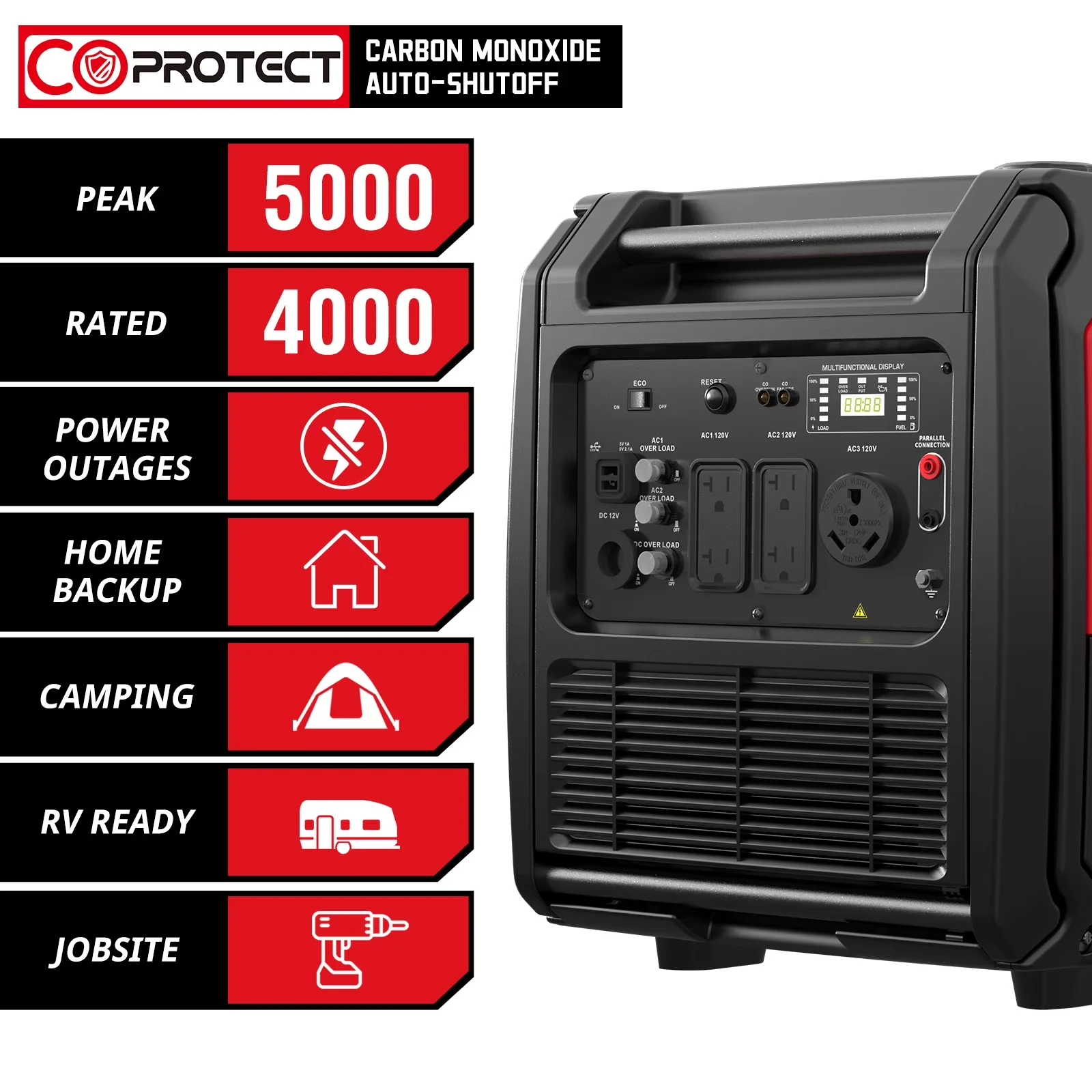 Professional Generator with 5000W, Overload Protection, 5000-Watt Gas Portable - Model 4FD0A3