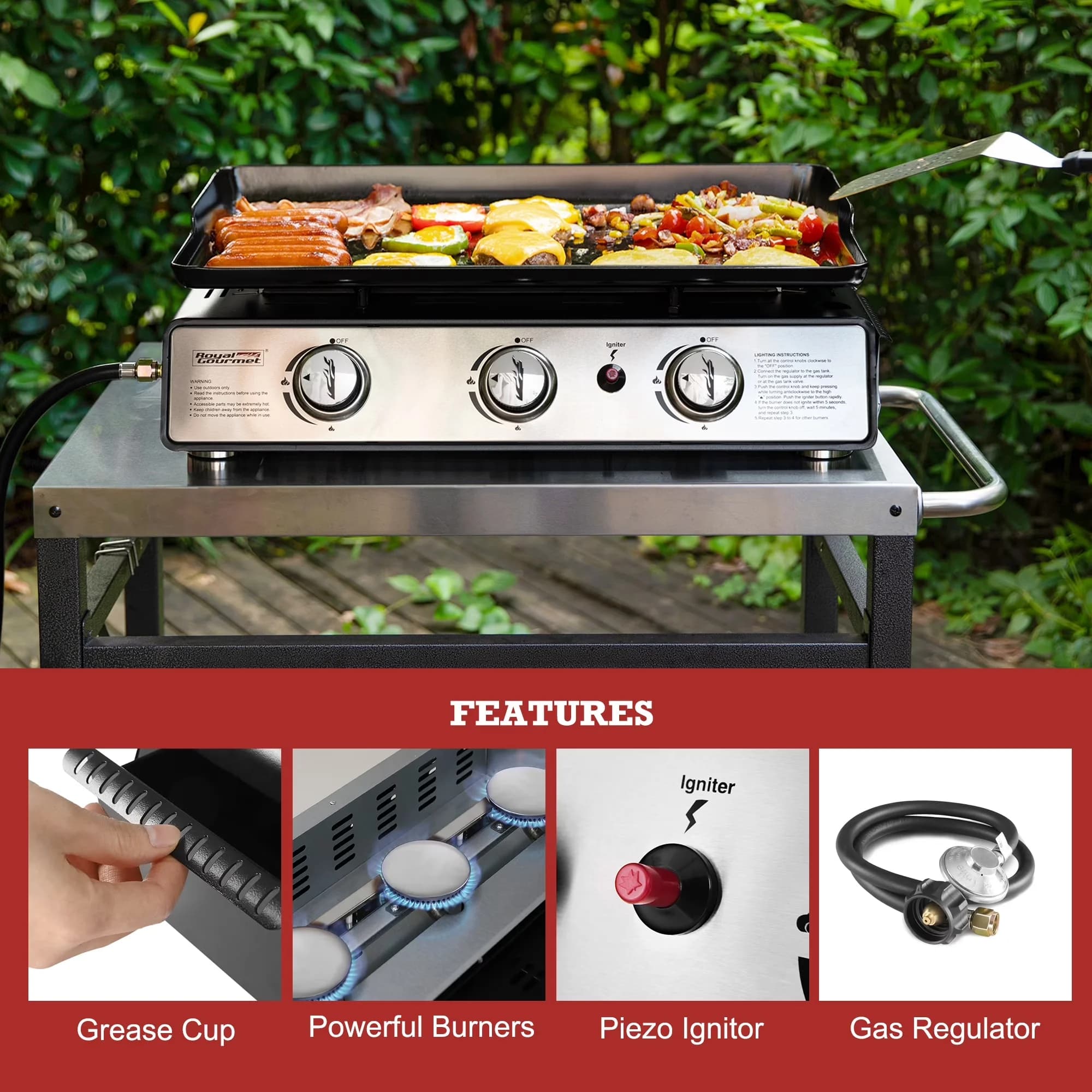 Efficient Flat Top Grill with Portable, Hard Cover, 24" 3-Burner Portable Gas Griddle - Porcelain-Enameled (Griddle Flat Top); Power... Model 1EC7E0