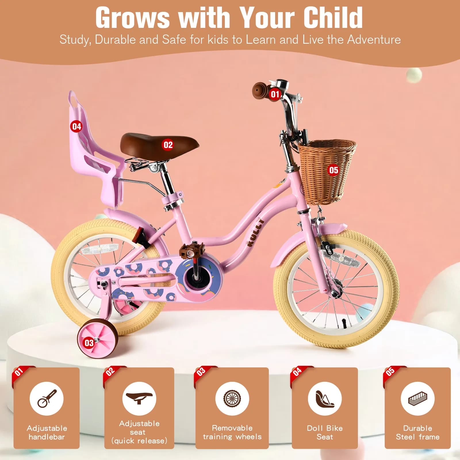 Professional Kids Bike with Adjustable Seat Height, Pink, Training Wheels - Pink Model 061C46