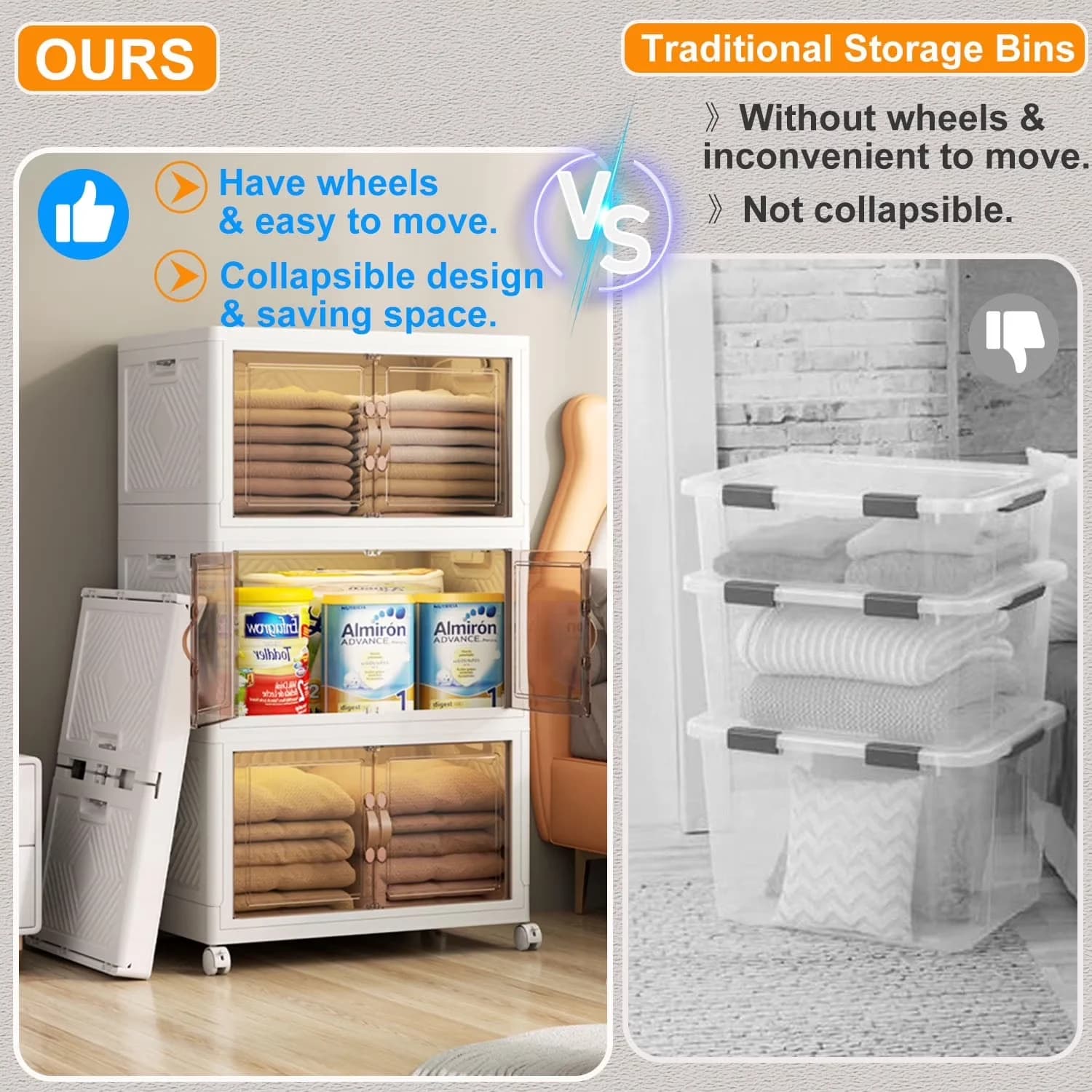 Modern Garage Storage Supply with Lids- 4 Tier Folding box, Bins, Collapsible Plastic Bins - White Abs, Polyester Model 791C3D