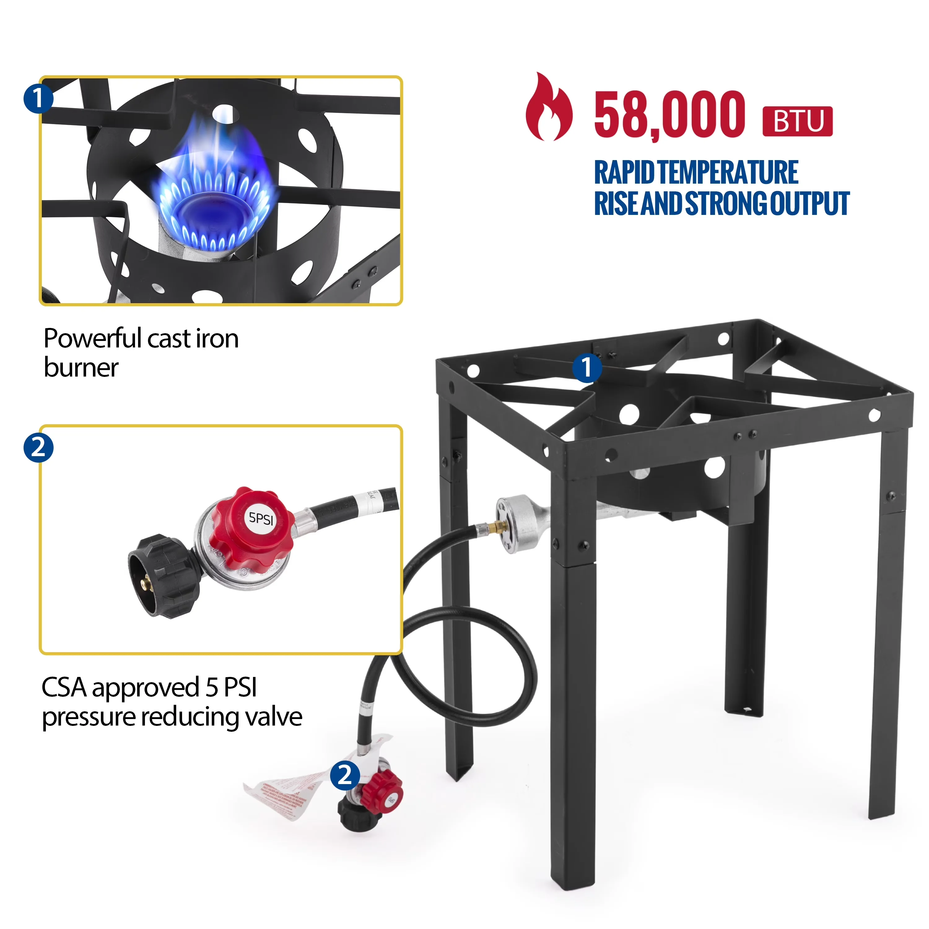 Premium Outdoor Fryer with Adjustable Regulator, Deep Ideal, 58000 Propane BTU Fish - Silver Aluminum, Steel, Cast Iron Model F70A3D