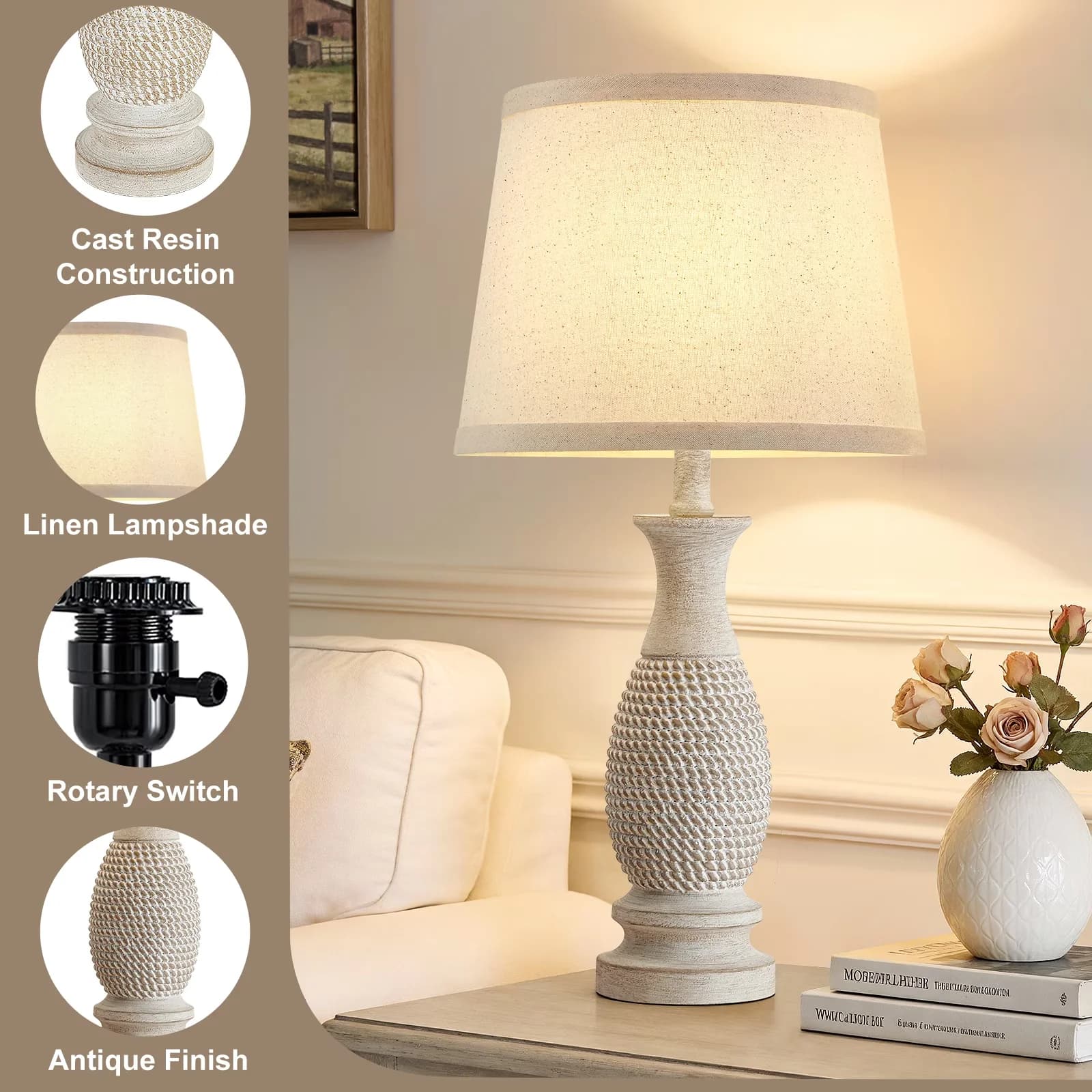Premium Lamp Set with LED, Contemporary, Style: Minimalist, Farmhouse, Modern - Linen, Metal, Resin Beige Model DA47B4