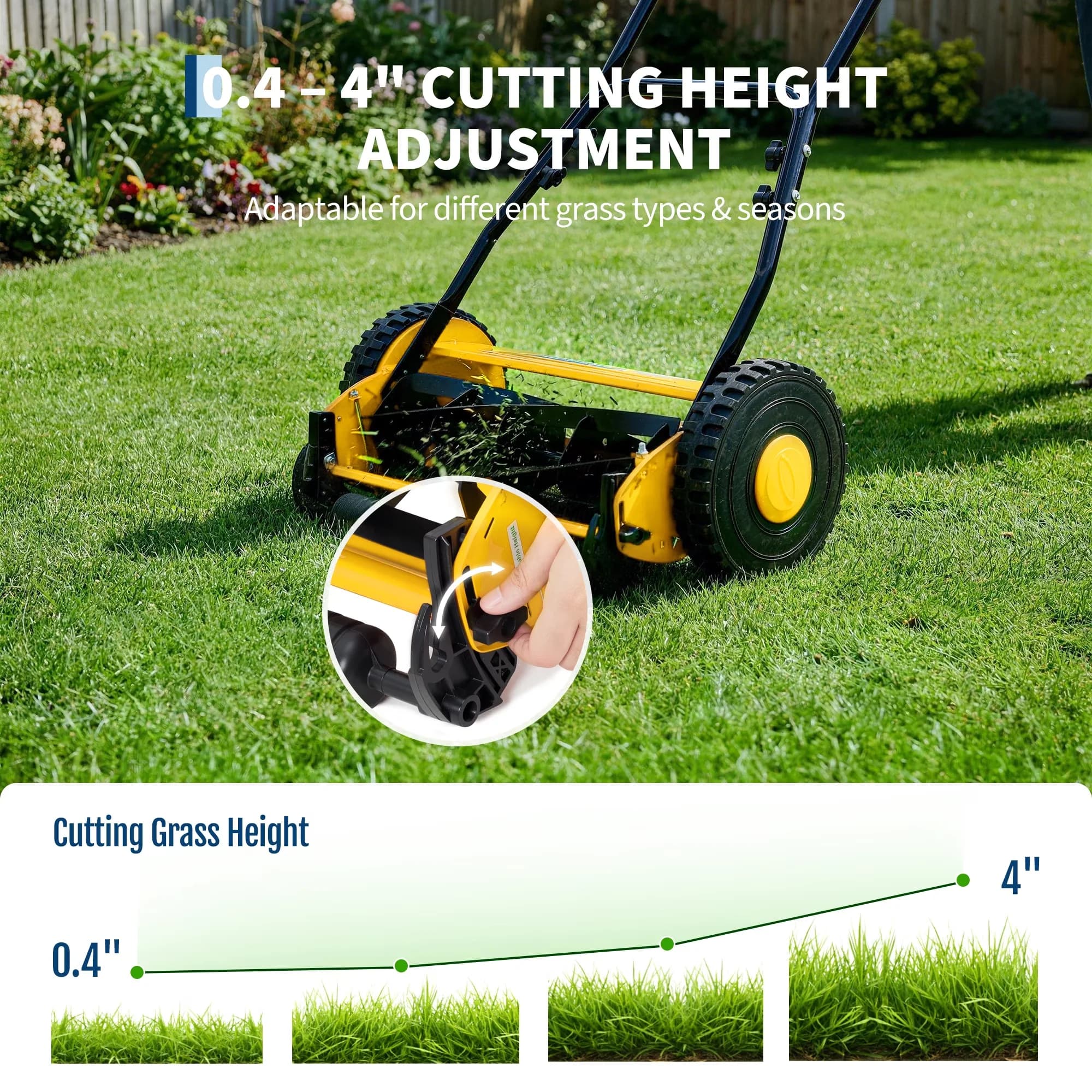 Efficient Push Mower with 5 Blade, Adjustable Cutting Height, Lightweight Manual Hand Reel Lawn - Model C00C34