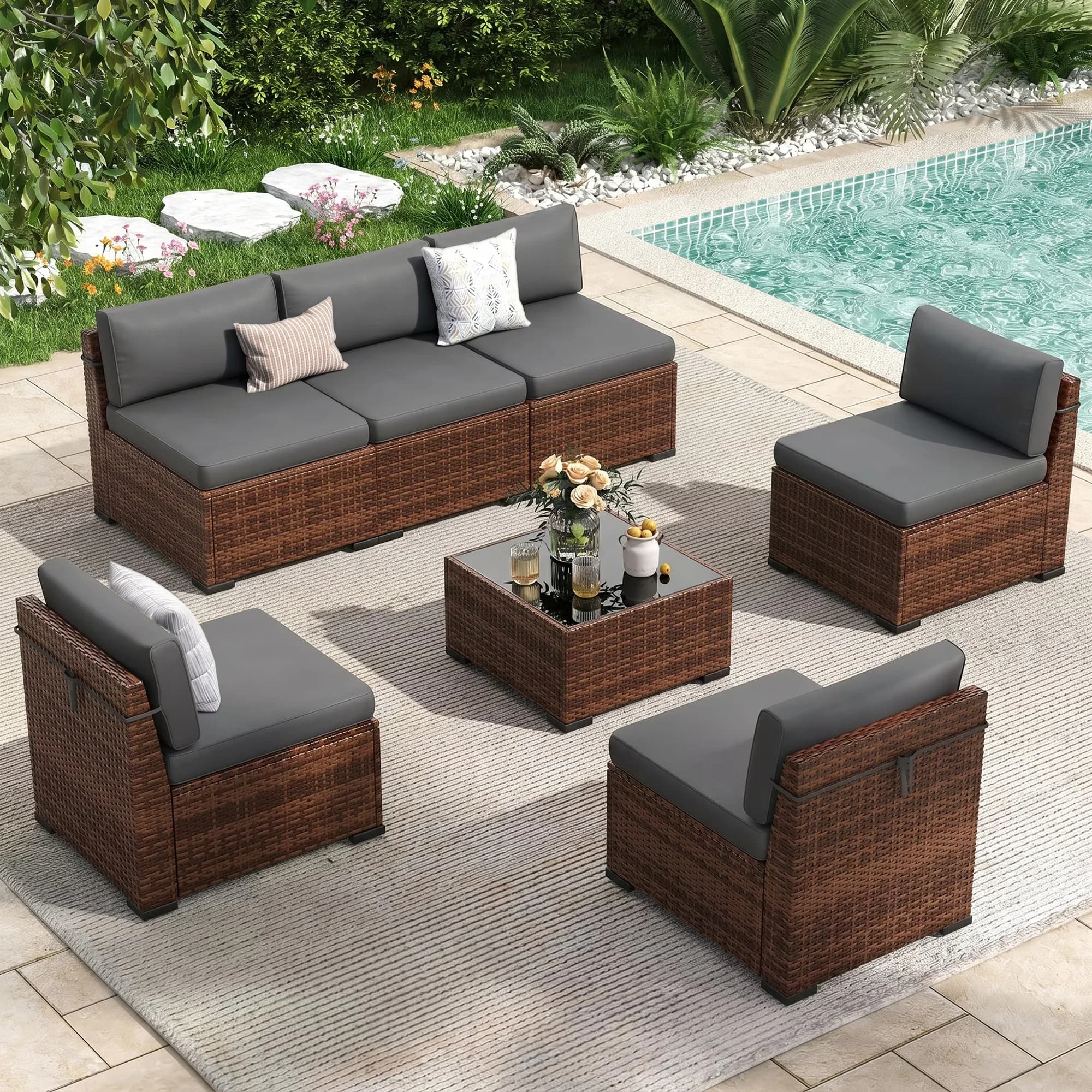Professional Patio Conversation Set with Weatherproof, Cushions and Glass Coffee Table, PE Wicker Rattan Slanted Back Outdoor - Metal... Model CE745B