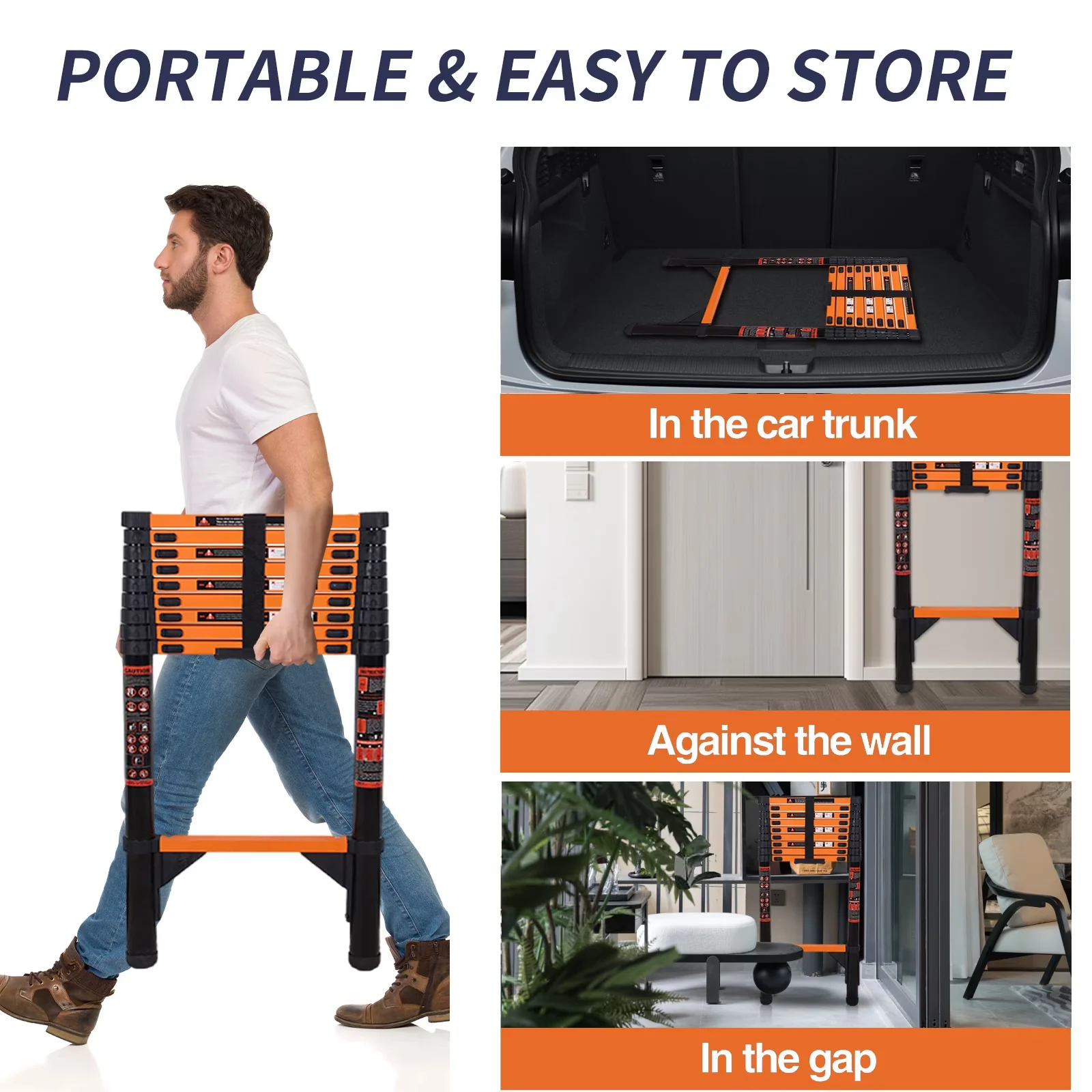 Compact Ladders And Step Stool with Telescoping, 3.9M Carbon Steel Extension Ladder - Orange Metal Model 6914BA