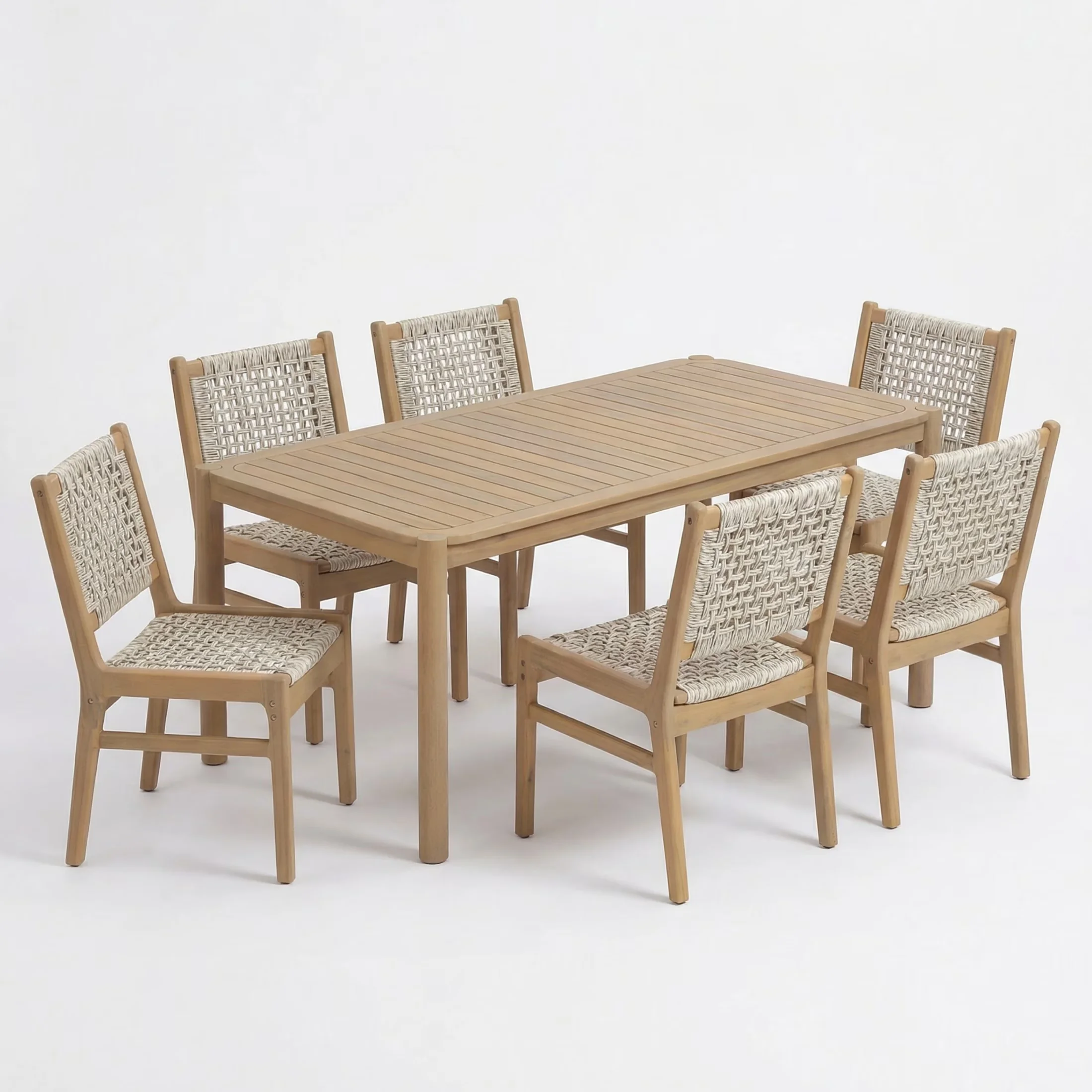 Durable Patio Dining Set with Bohemian, Rectangular Table - Acacia Wood + Wicker Gray Model 6F5643