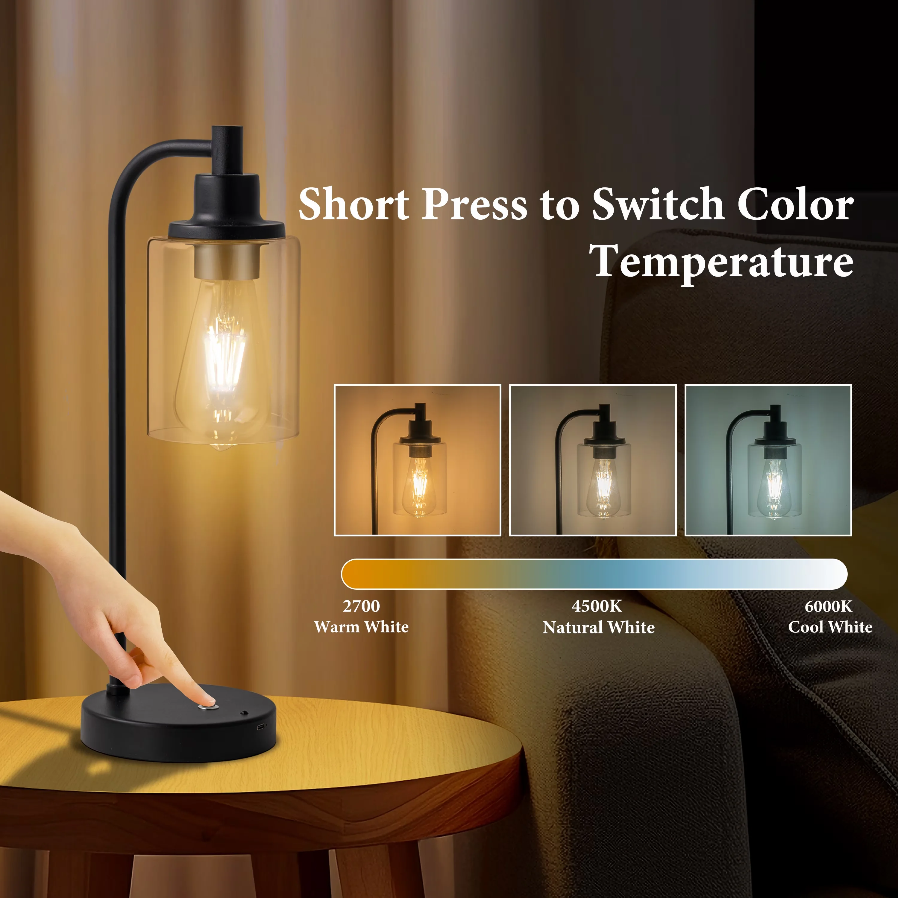 Efficient Lamp with LED, Battery, 2-Pack 16” 3CCT Dimmable Cordless Table - Steel, Glass Black Model 3CD87E