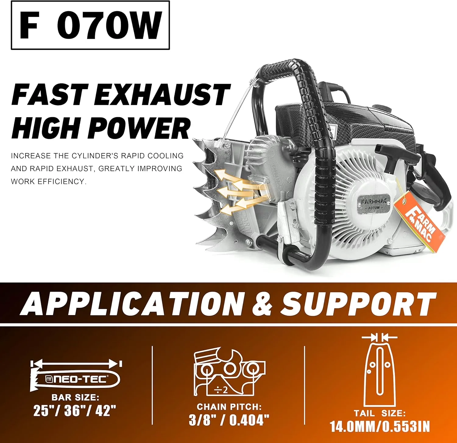 Efficient Chainsaw with Anti-Vibration, 105cc Gas, MS070 090 (F070W WITH 42 INCH BAR/CHAIN) - Orange Model 789016