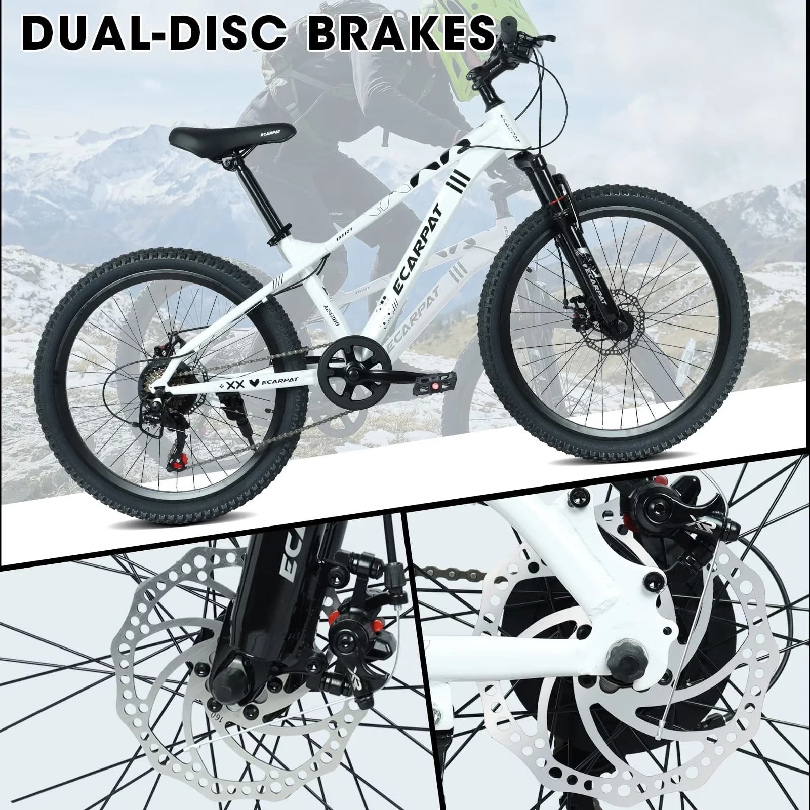Professional Mountain Bike with 24 Inch, 9-Speed Bicycle, Front Suspension and Dual Disc Brakes - White Model DF8DB9