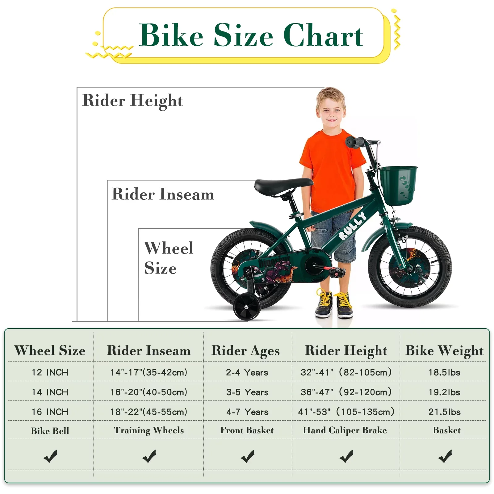 Reliable Kids Bike with Adjustable Seat Height, 16 Inch Dinosaur - Green Model 68B829