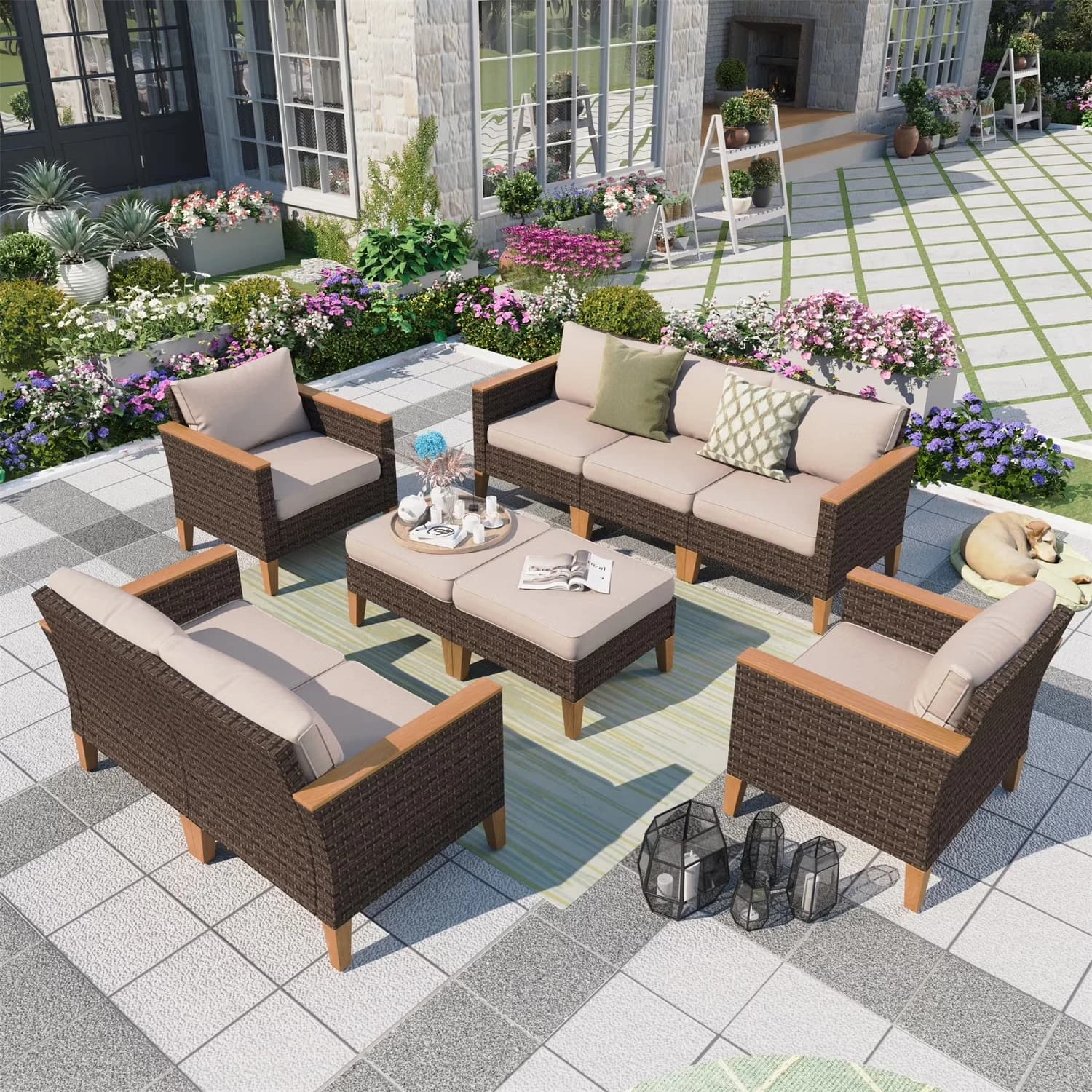 Patio Conversation Set Premium with Weatherproof, Beige Cushions - Beige Rattan;Steel Model 85C74E