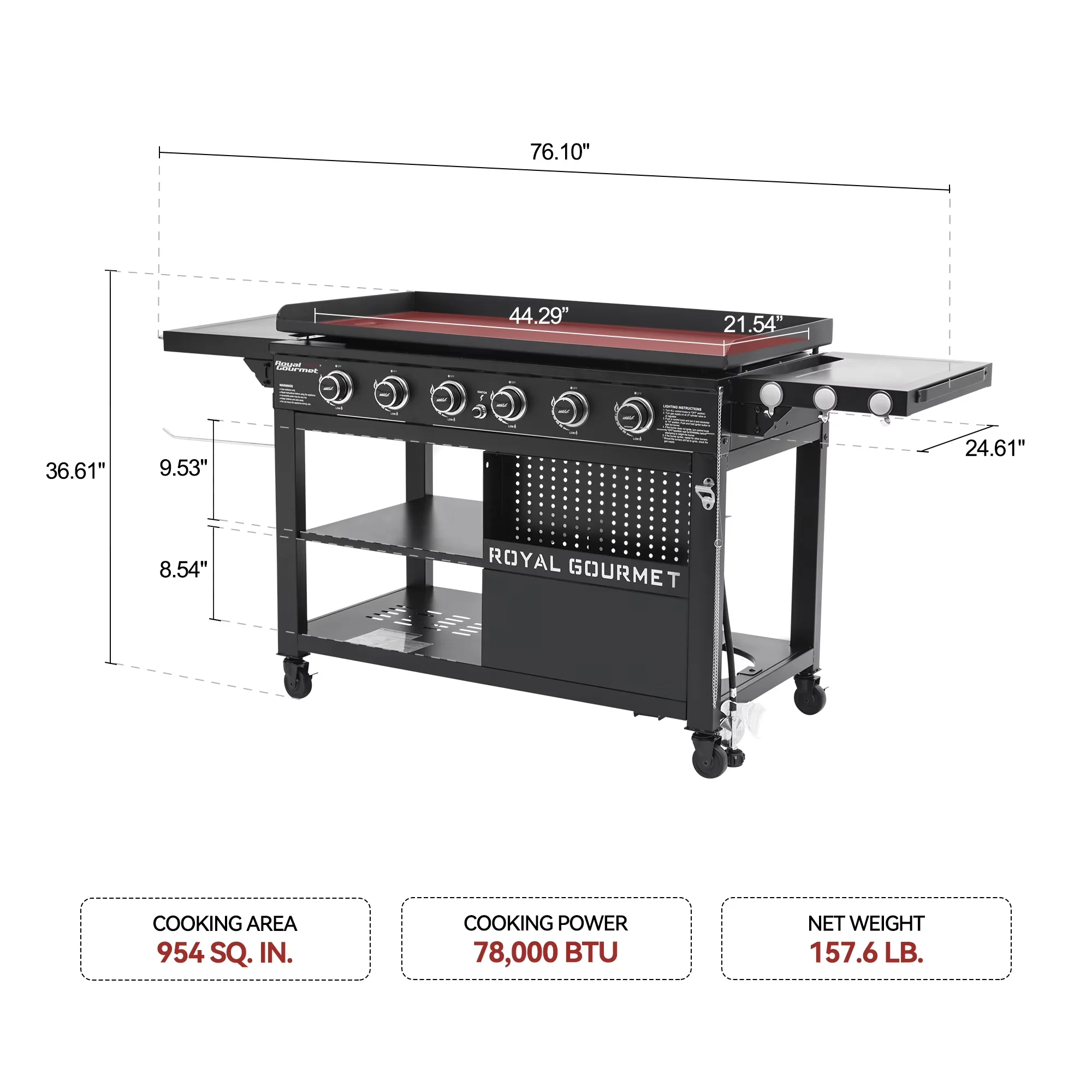 Flat Top Grill Compact with Storage Rack, Front Spice Rack, 44" 6-Burner Gas Griddle - Steel Model 65D239