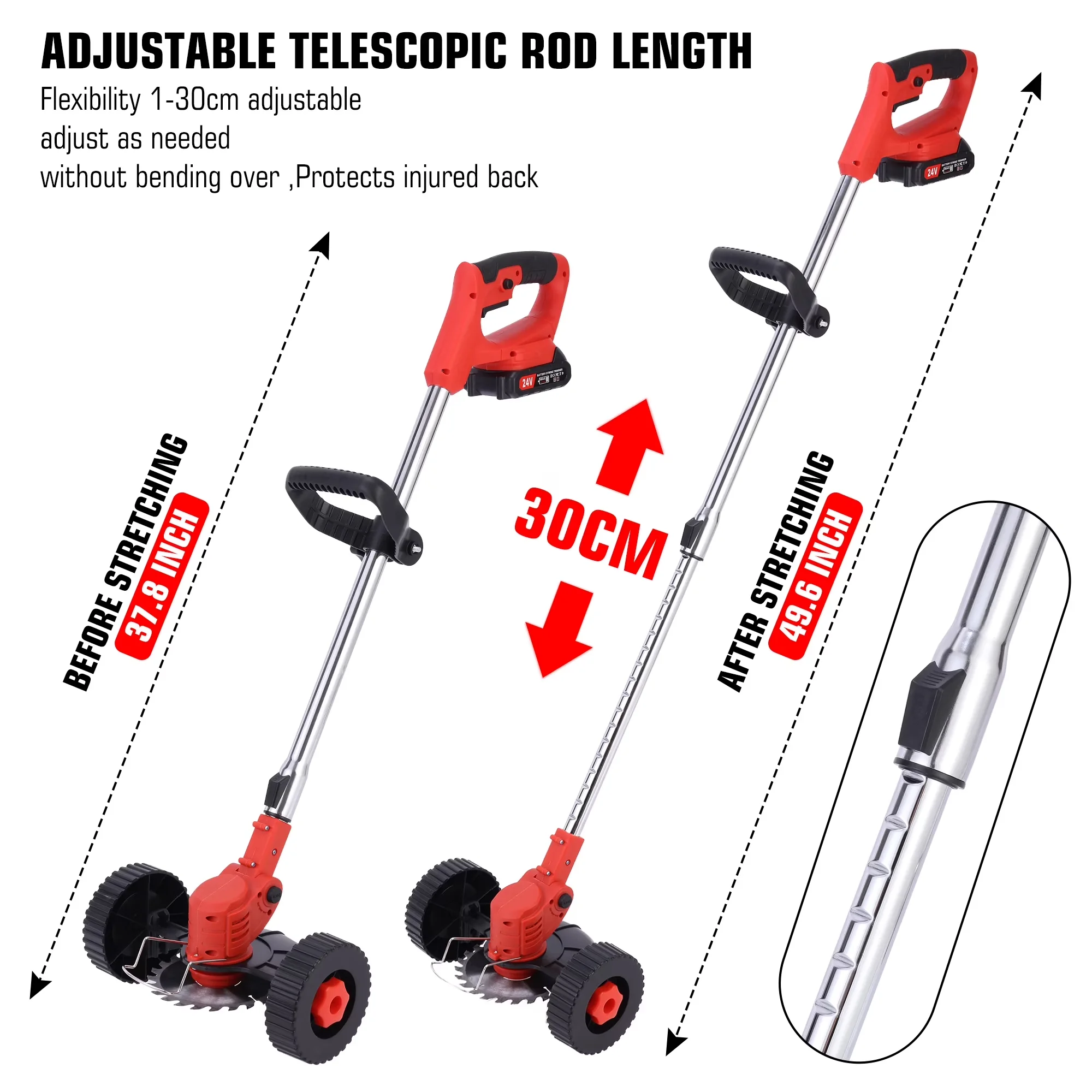 Quality String Trimmer with Battery, 24V, Wheels & 2 Batteries - Red - Standard Series Model 567802