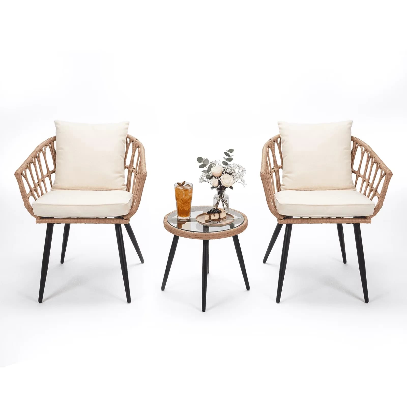 Essential Patio Conversation Set with Chair and Table, 3 Piece All Weather Wicker Bistro, Outdoor Indoor PE Rattan - Model 43340E