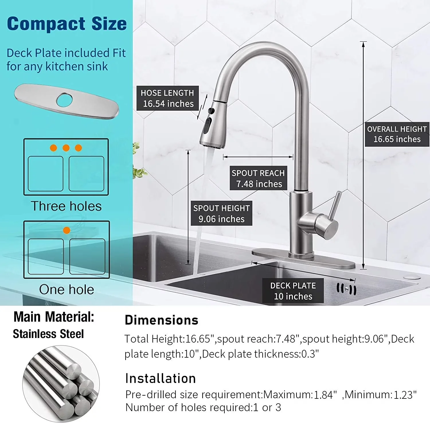 Efficient Plumbing with 360 Degree Rotation, Commercial Modern rv Kitchen Faucets, Single Handle Kitchen Sink Faucet - Silver Sus304... Model 85827D