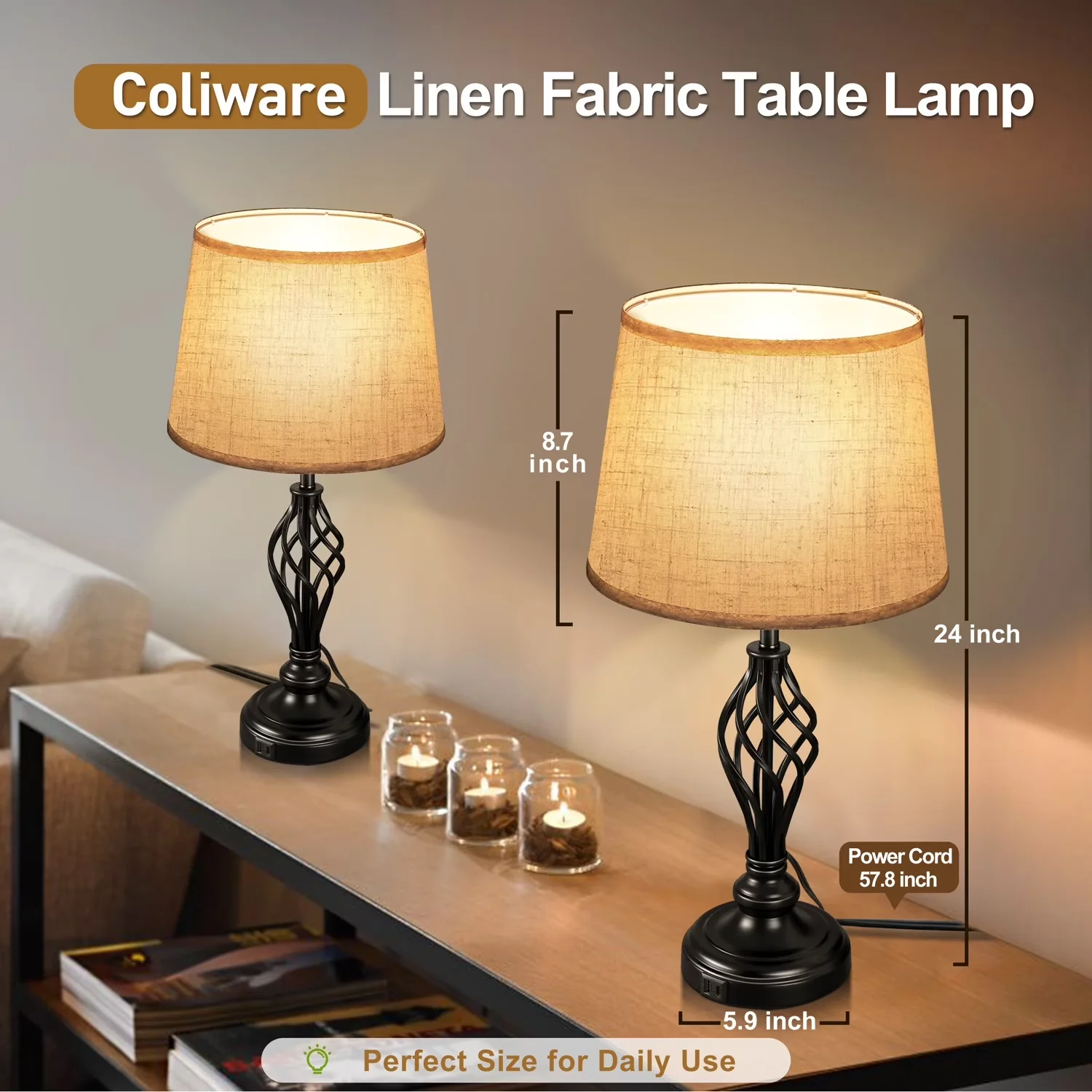 Essential Lamp with LED, Energy Efficient, Power Outlet - Metal Black for Living Room, Bathroom Model CA8366