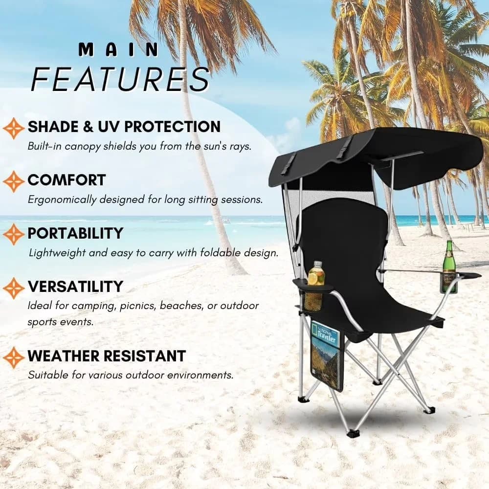 Innovative Beach Chair with Collapsible, Folding - Canvas, Aluminum Black for Camping Model E2522F