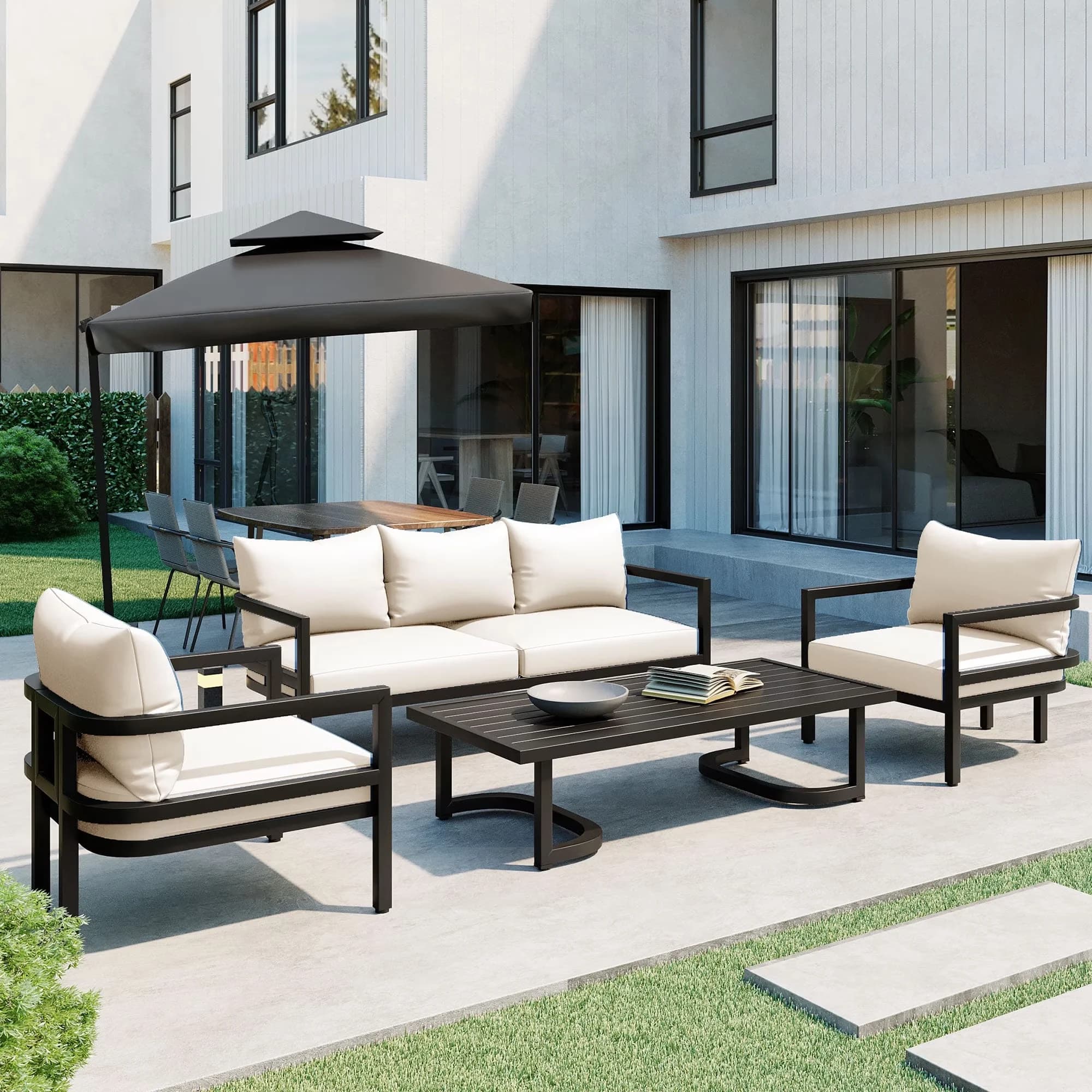 Patio Conversation Set Premium with Coffee Table Size: 59''x28.3''x13.2'', Product Type:Patio Conversation Sets - Beige Steel Model E23956