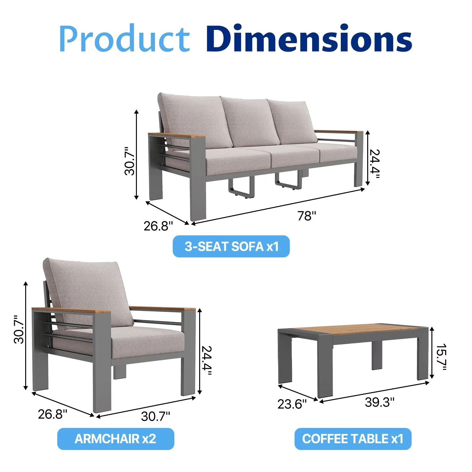 Outdoor Sofas Sectional Professional with Weatherproof, 5-Seat Oversized - Gray Aluminum&Olefin&Steel&Foam Model 2A8FC0