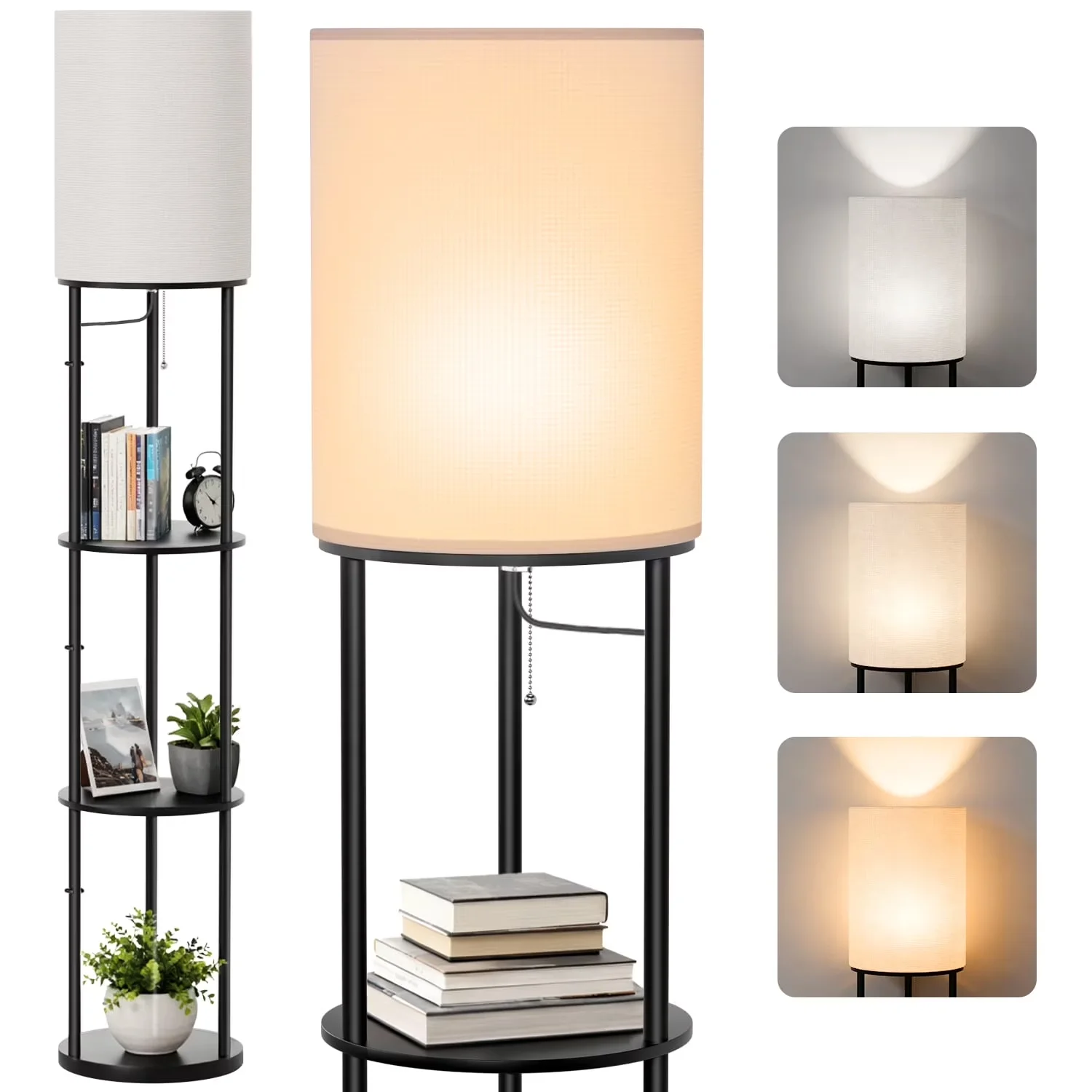 Premium Floor Lamp with LED, Shelf Lamps, 63" Round Shade - Fabric Black Model E55485