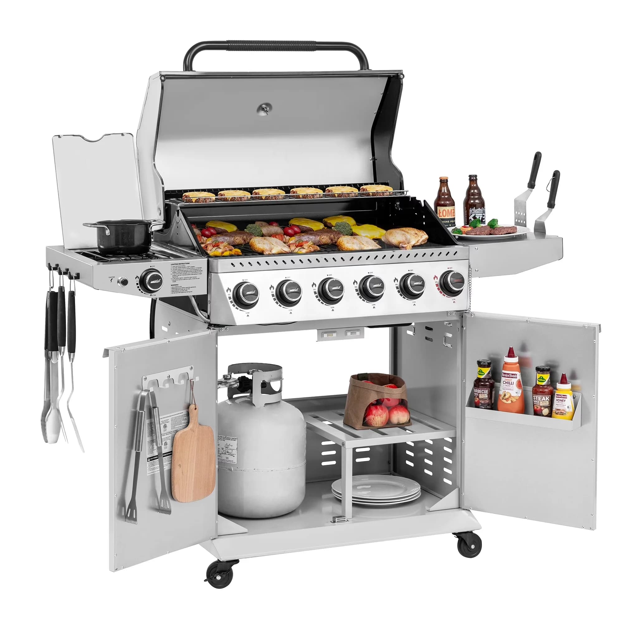 Durable Gas Grill with 74000 BTU, Warming Rack - White Steel (Main Body); Stainless Steel (Side Shelf, Flame Tamer, Control Panel,... Model 2D585F