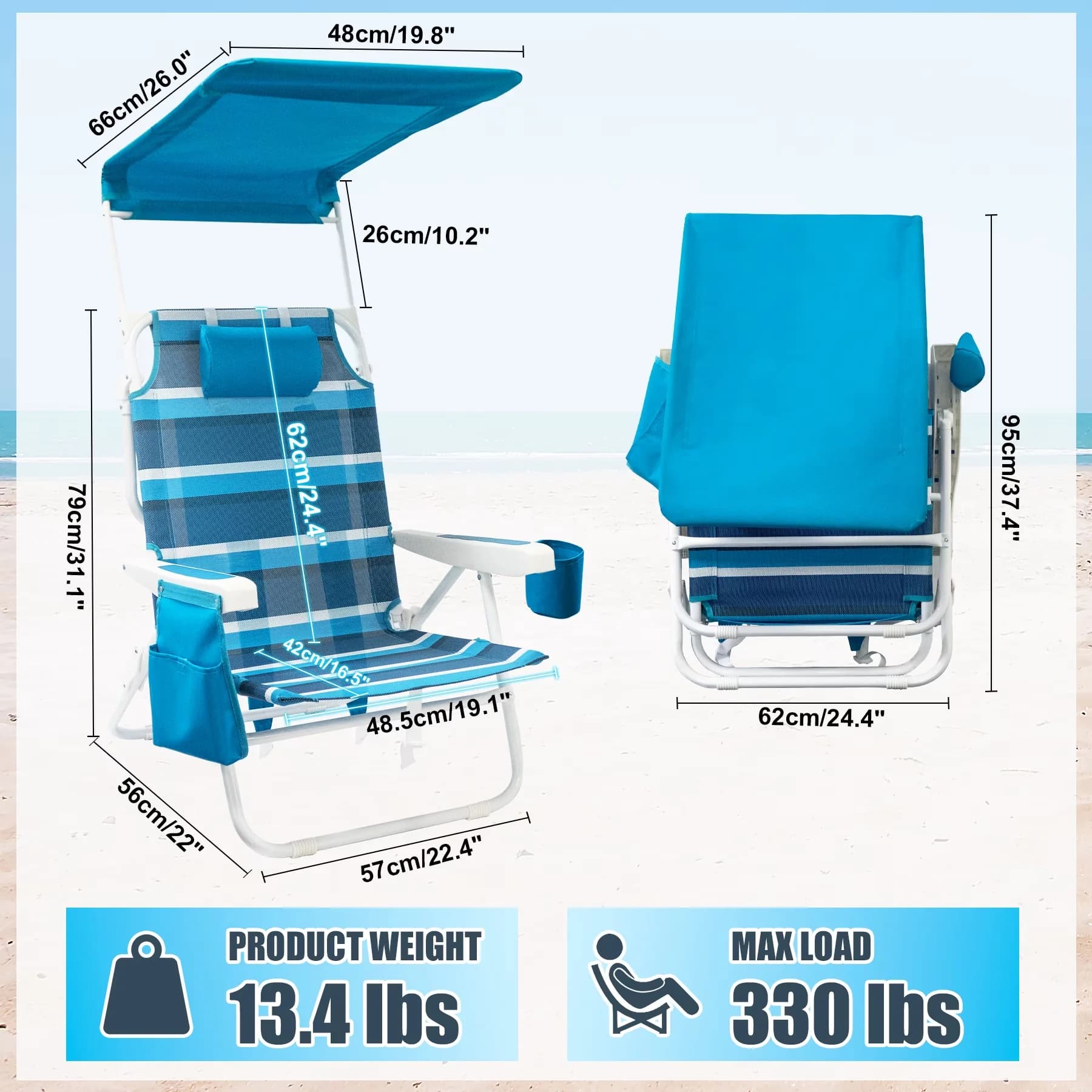 Professional Beach Chair with Adjustable Tilt, Foldable - Blue Alloy Steel,Textilene Fabric for Patio Model C57A33