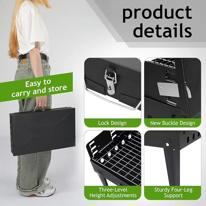 Versatile Charcoal Grill with Foldable, Portable, Outdoor Foldable BBQ - Cast Iron Black for Camping, Picnic Model EB448D