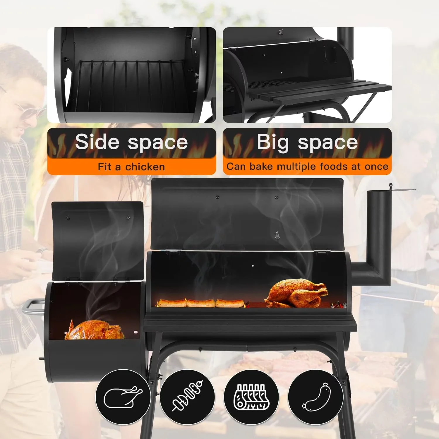 Durable Charcoal Grill with Thermometer, BBQ Pit BBQ Outside, 43 Inch Grills - Black Alloy Steel for Patio, Picnic Model A5E357