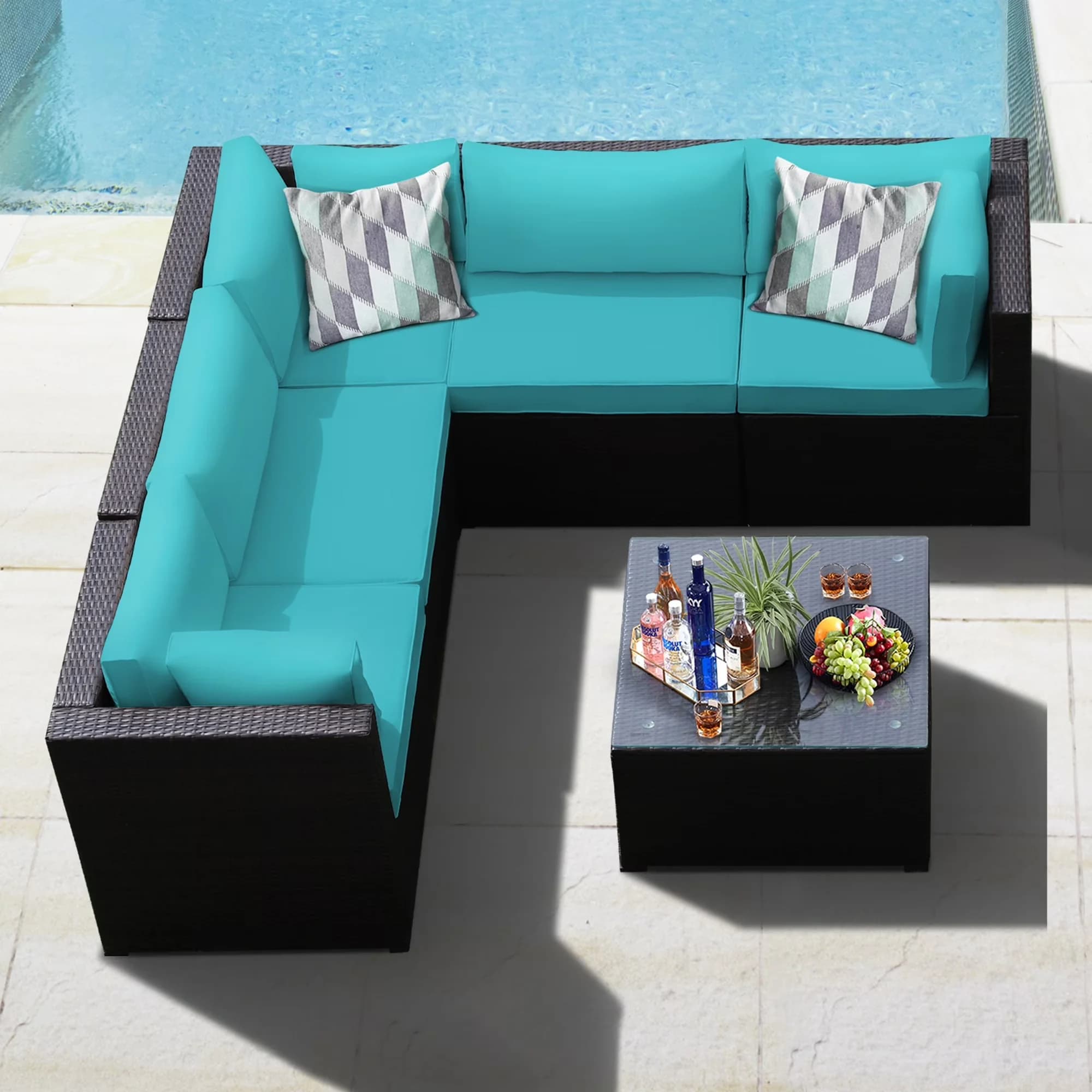 Versatile Patio Conversation Set with Weatherproof, Simple assembly is required - Blue Pe Rattan + Steel + Sponge + Tempered Glass Model 7FBDD5