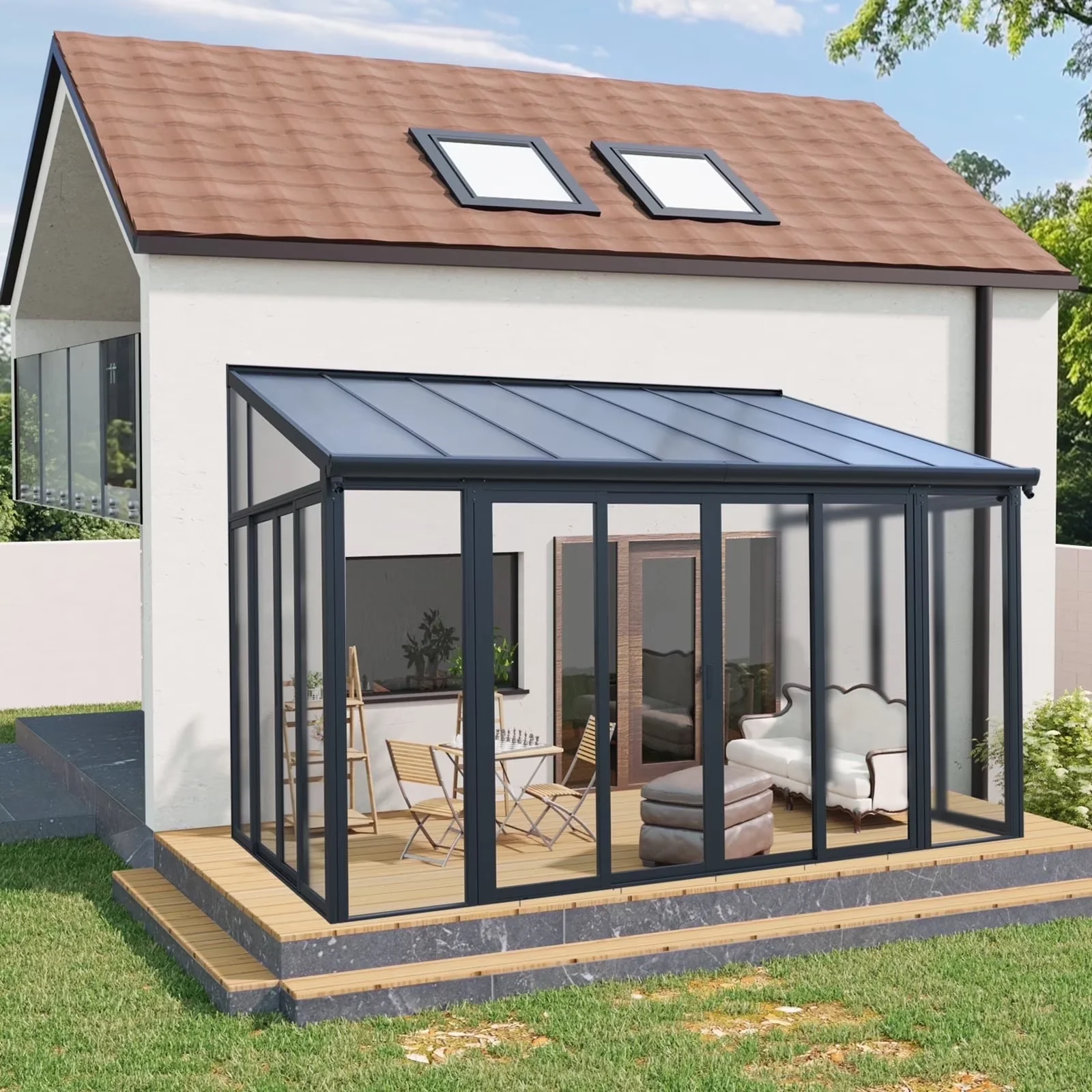 Efficient Shed with Uv Resistant, All Season Sunroom Enclosed Patio Cover, 3 Lockable Sliding Doors - 10" x 14" Model 8BDCF1