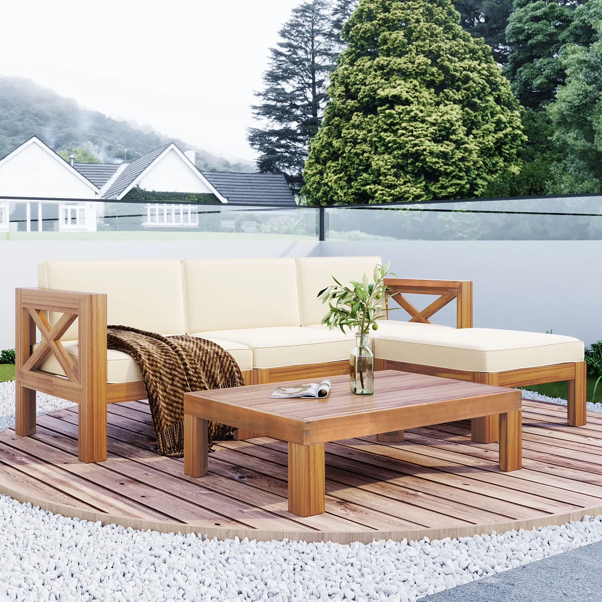 Durable Outdoor Sofas Sectional with Water-Resistant, Product Type: Outdoor Seating Group, Color:Natural+Beige cushion - Wood Beige Model DA7CE6