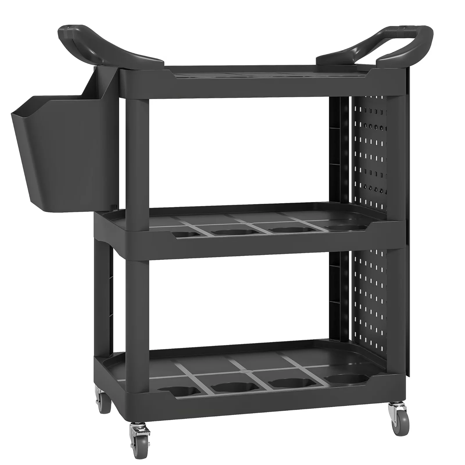 Efficient Toolstorage with Heavy Duty Rolling Tool Utility Cart, Wheels, Bucket Panel and Hanging Boards - Plastic Black Model A6385A
