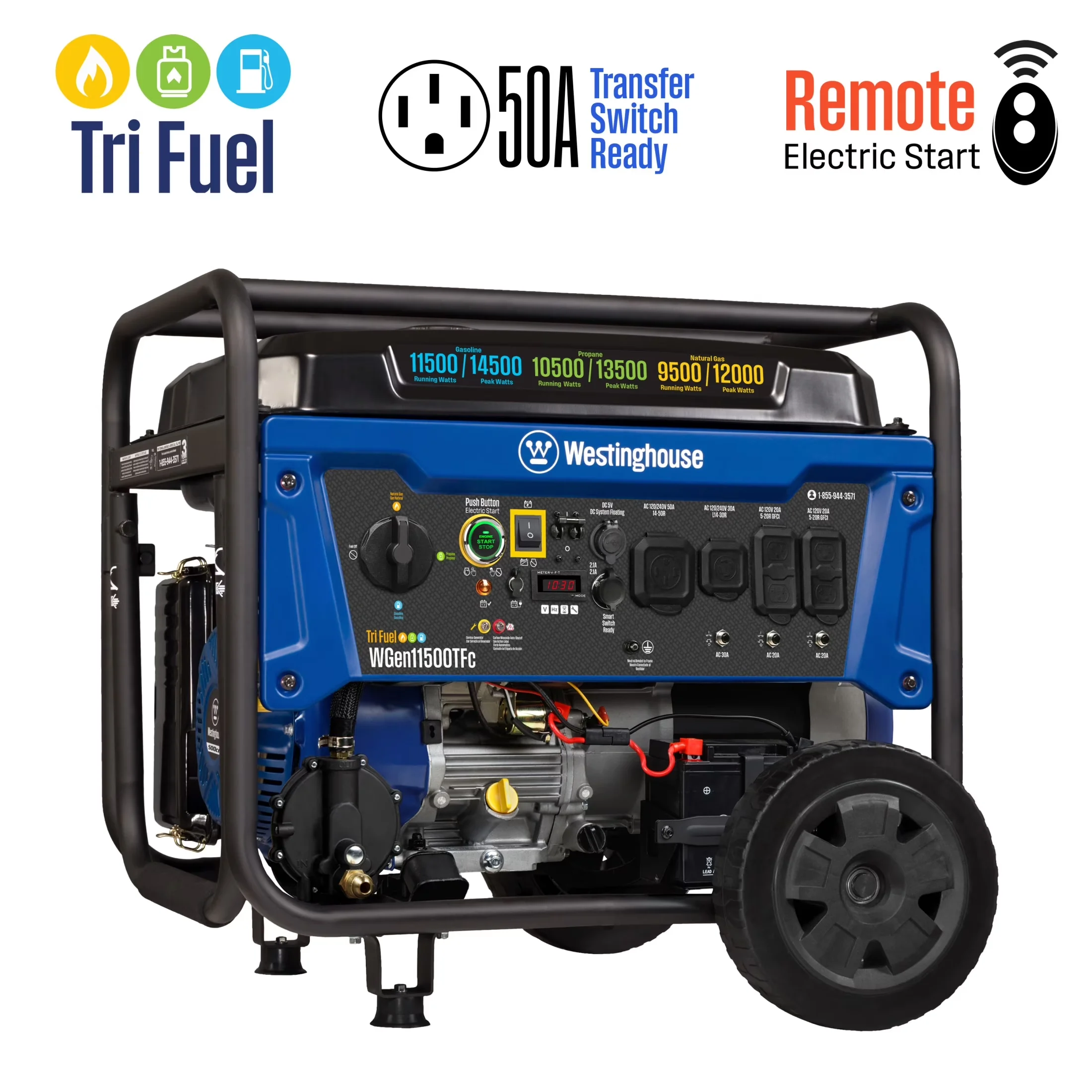 Generator Durable with CO Sensor, 14500 Watt Tri-Fuel Portable for Daily Use - Model FACCFA