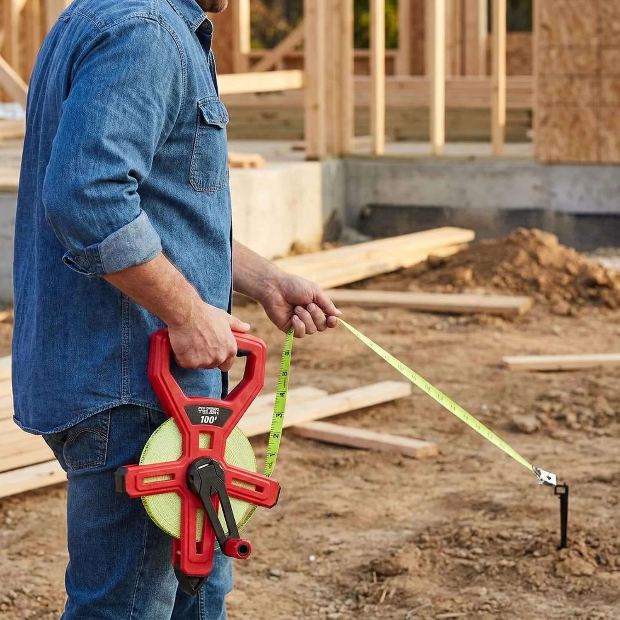 Durable Measuring Layout with Durable, Ground Stake, 100-Foot Fiberglass Tape Measure - Red Fiberglass Model 5CEB53