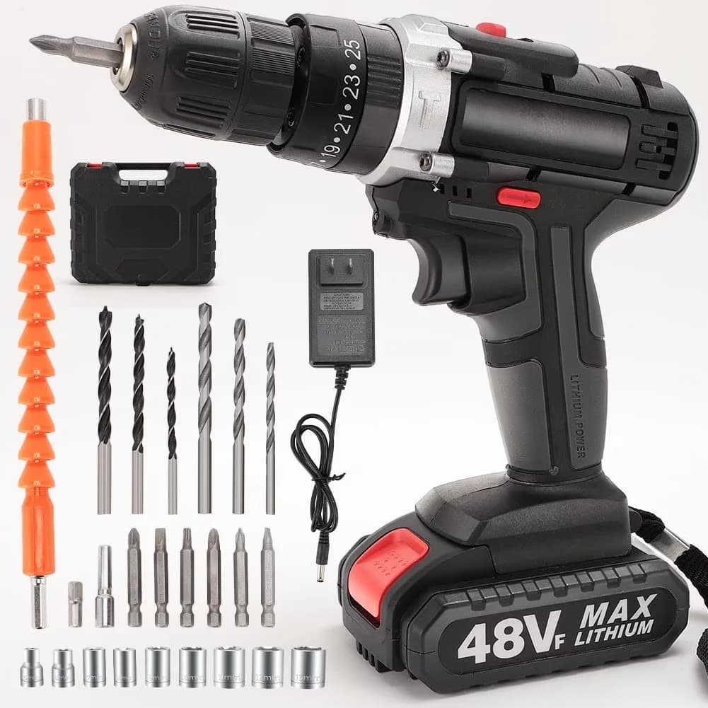 Drills Driver Compact with Battery, LED, 48V Cordless Drill - Black 5.07 lbs Model 8B22B7