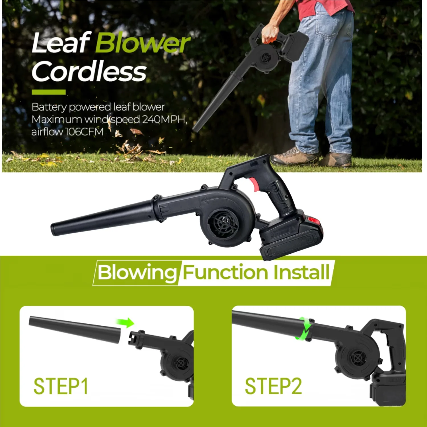 Durable Leaf Blower with Battery, 21V, 21V Cordless and Vacuum - Industrial Grade Model 3CD10B