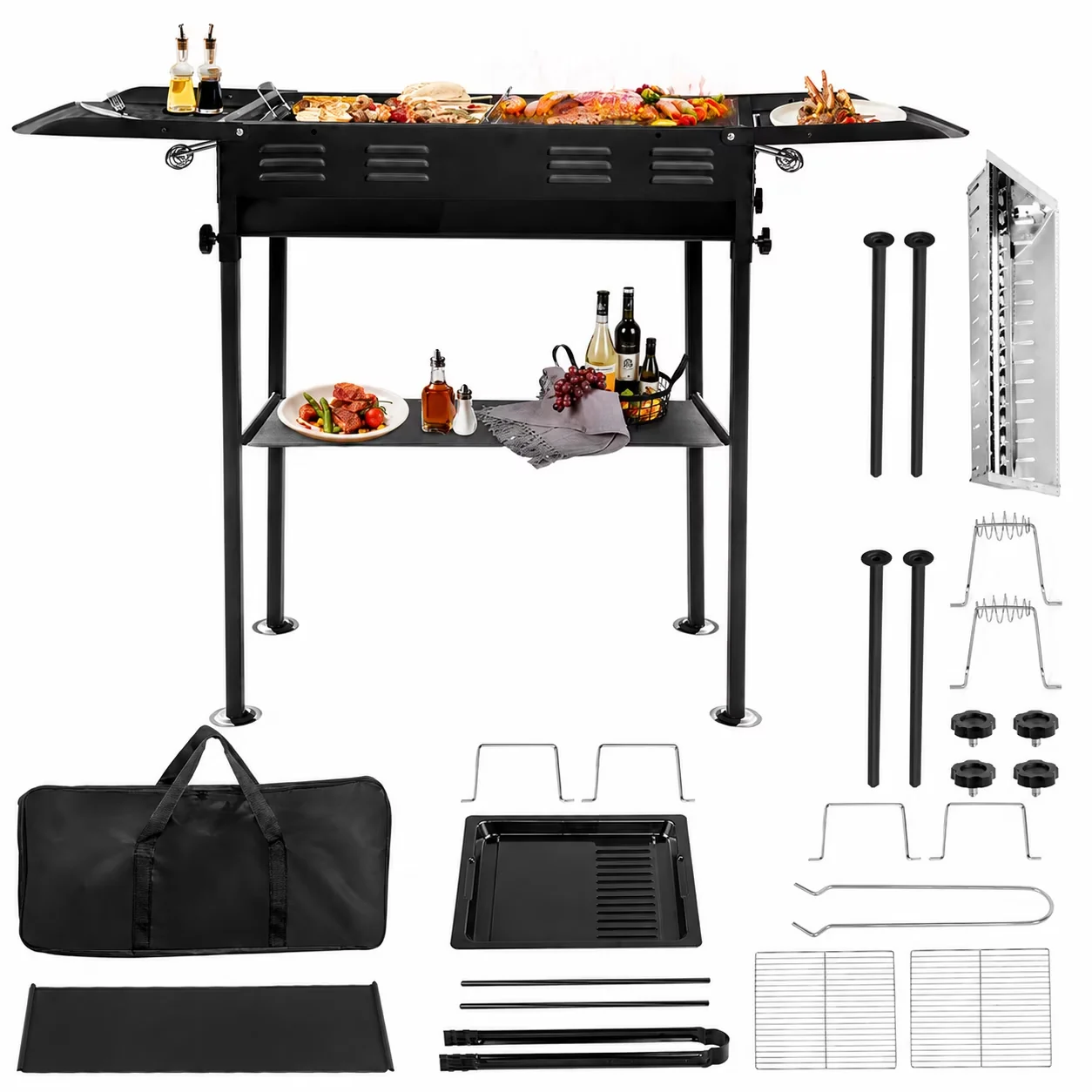 Modern Charcoal Grill with Heat Thermometer, Outdoor Kabob BBQ - Iron;Stainless Steel Black Model AB8E4A