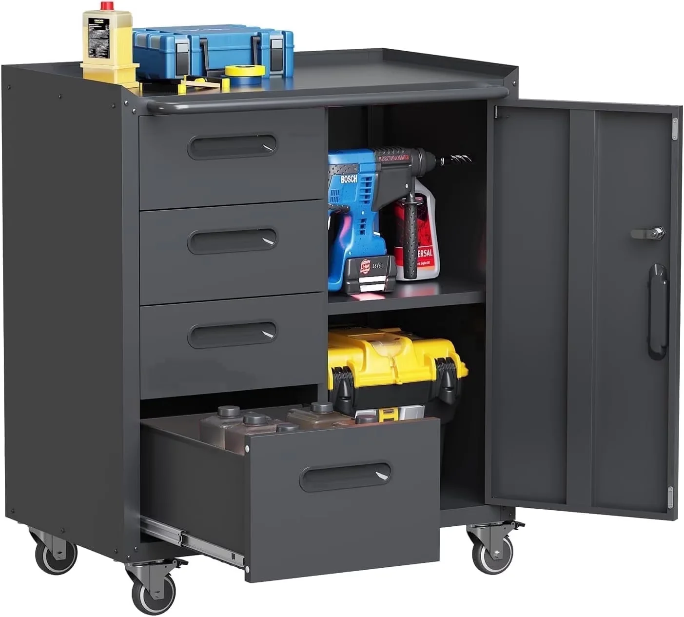 Modern Toolstorage with Lockable, Lockable Wheels - Metal Black for Garage Model E23D77