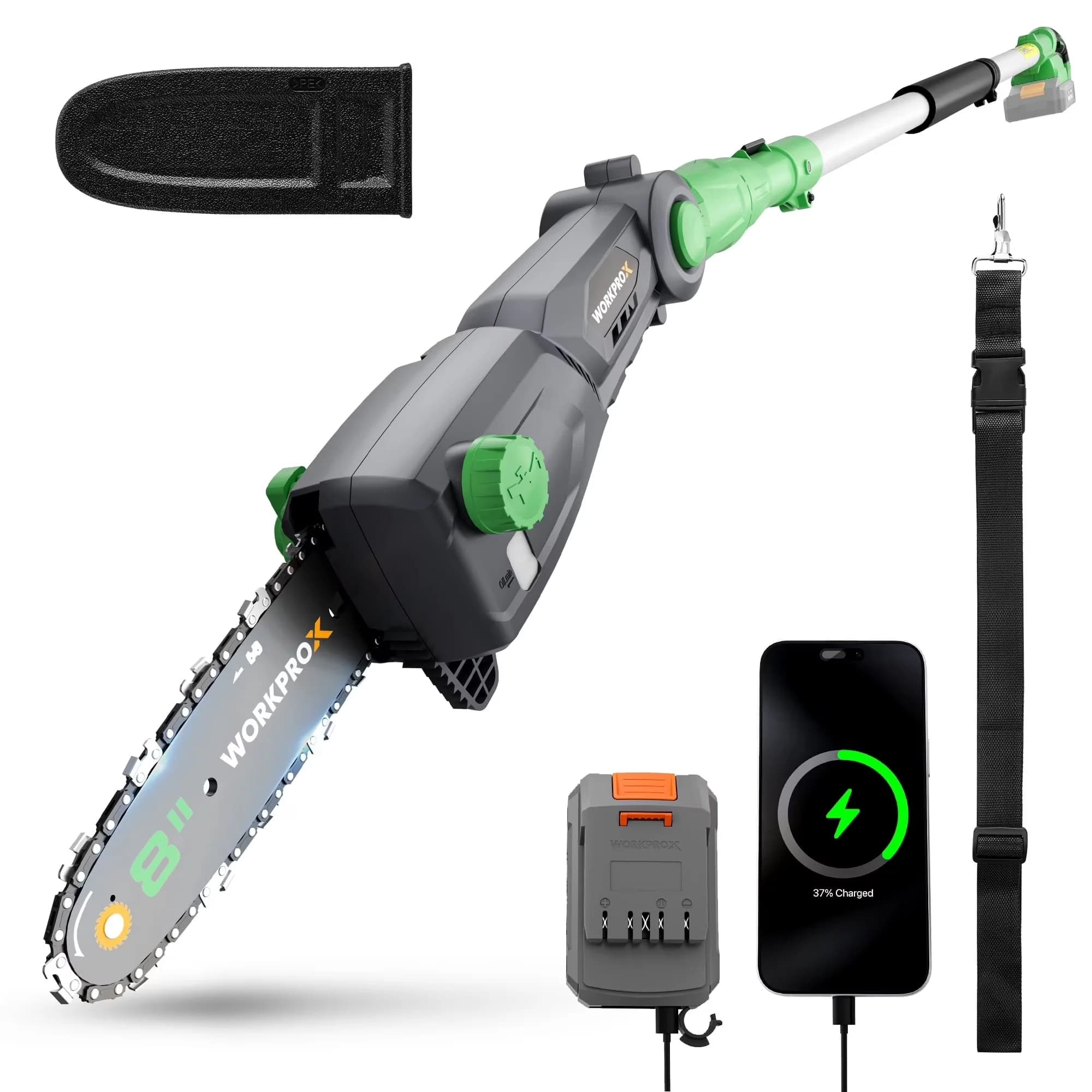 Sleek Pole Saw with Battery, 20V, Quick Charge 3.0 - Green - Easy to Use Model A09668