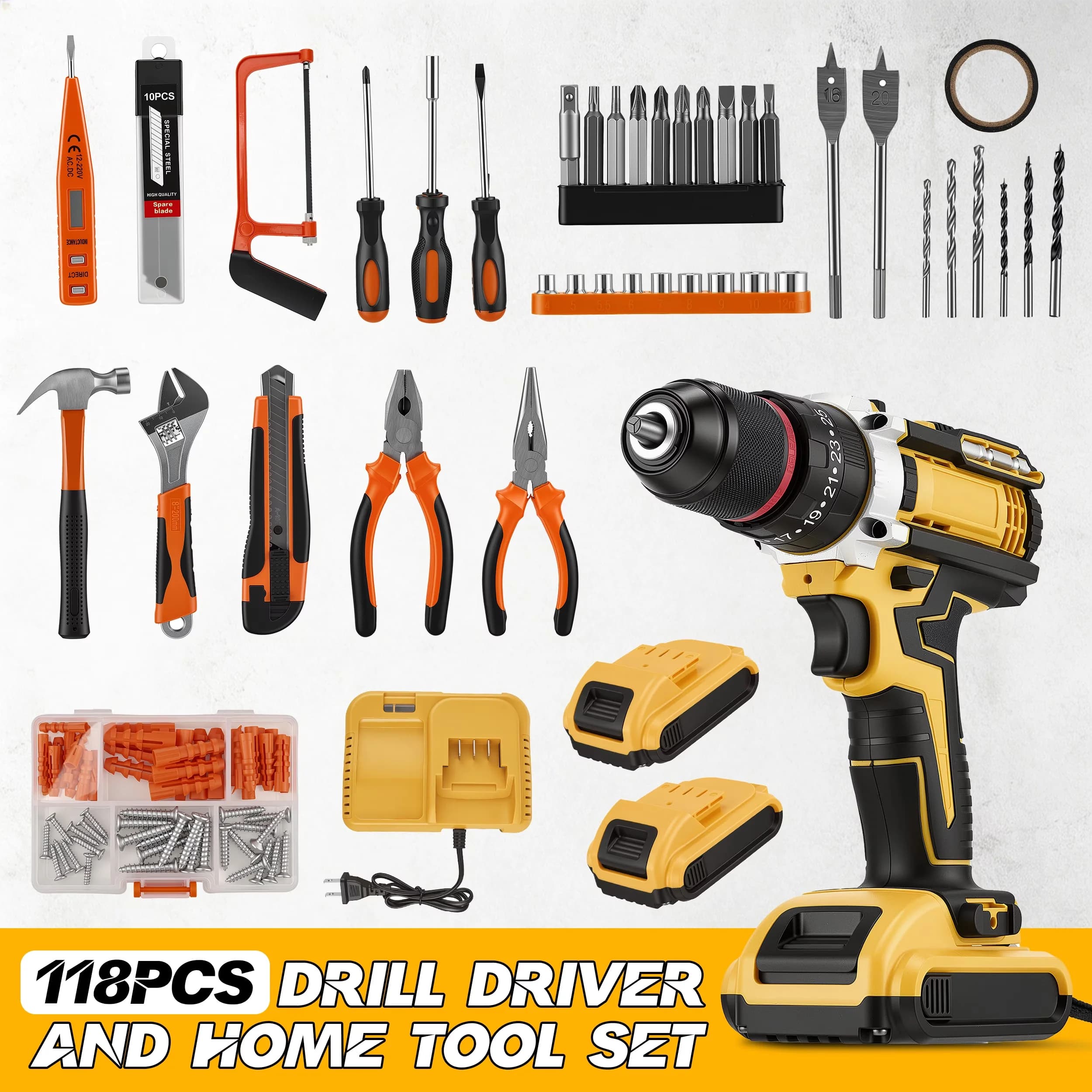 Versatile Drills Driver with Battery, 21V, 118 Piece Household Tool Kit - Yellow for Home Model BC364D