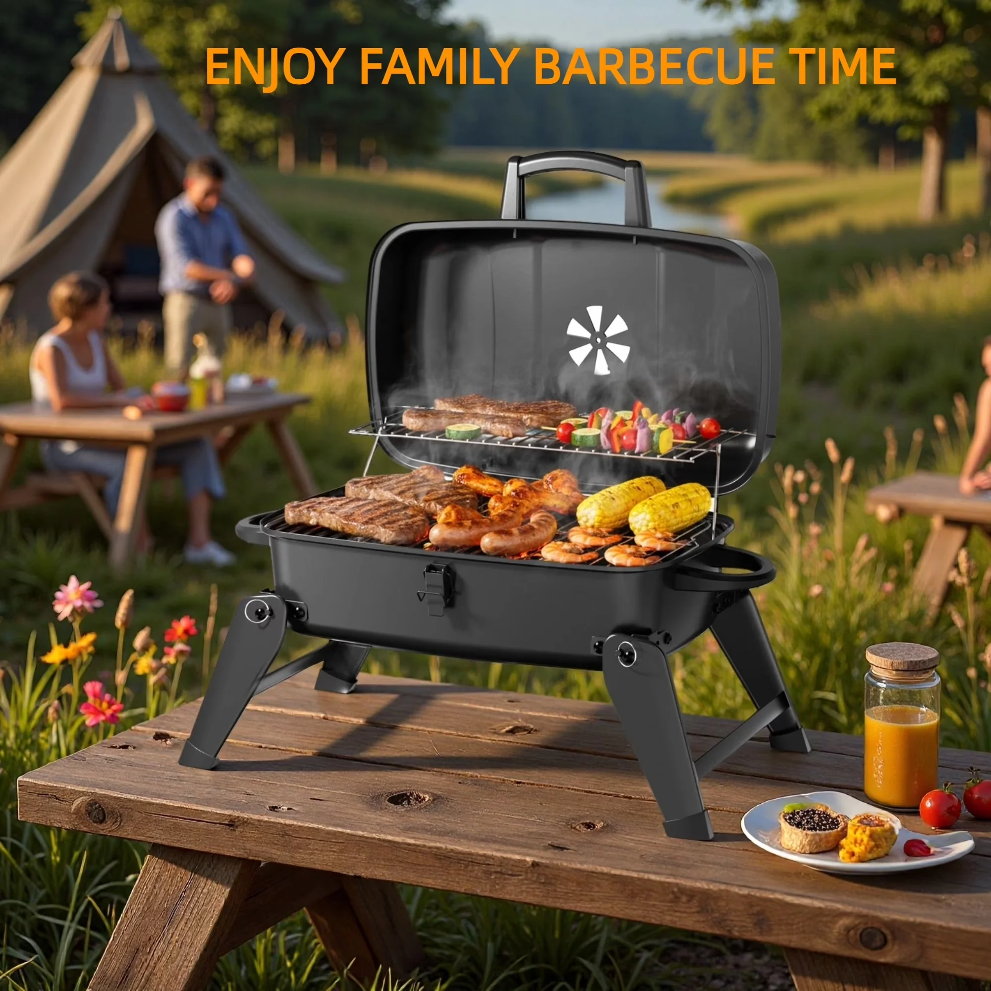 Sleek Charcoal Grill with Charcoal Basket, Portable - Black Metal for Outdoor, Camping Model 187BD2