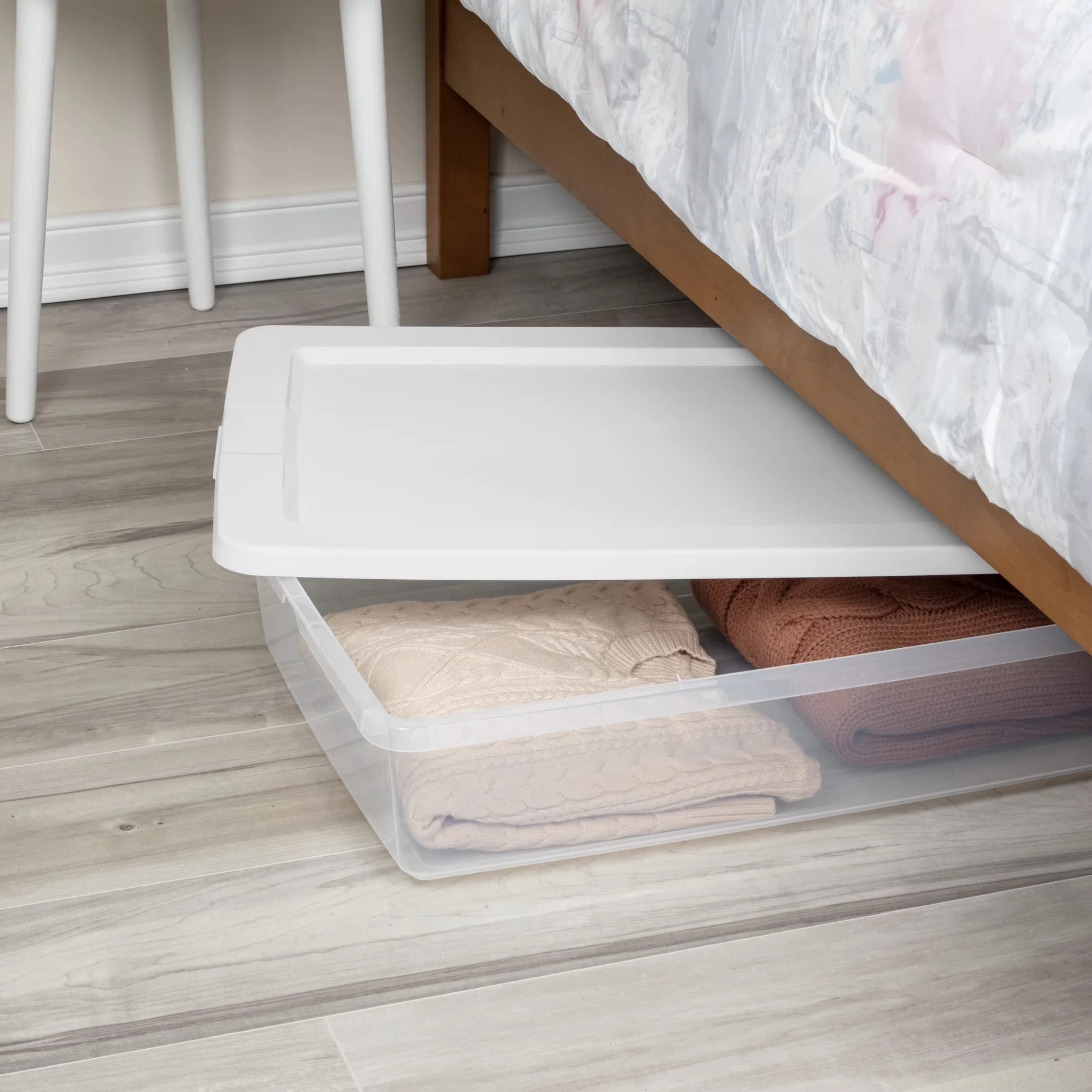Essential Garage Storage Supply with Stackable, Clear Plastic Underbed Container, White - White Plastic Model 7F580D